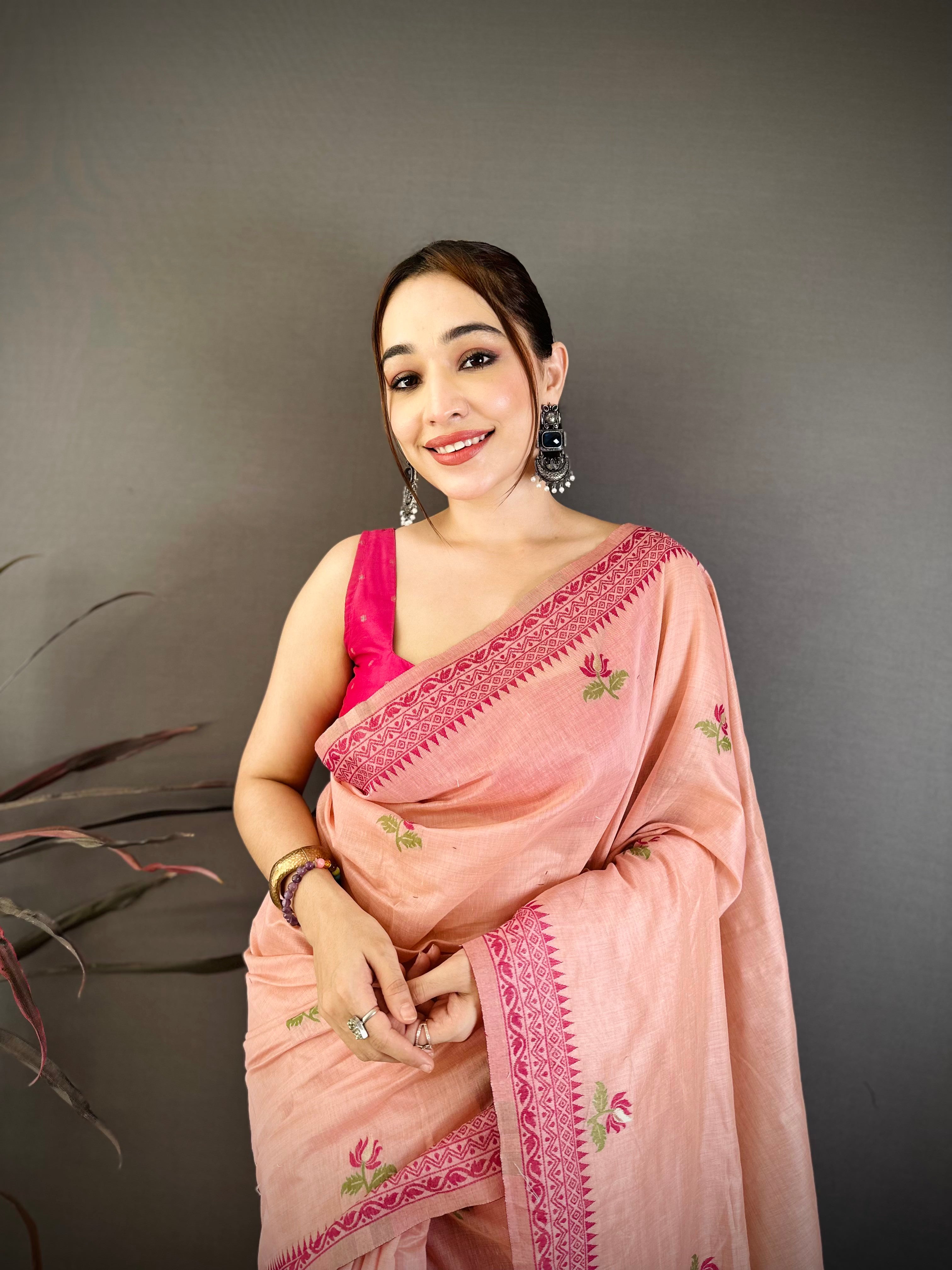 Pink Nature Inspired Muga Cotton Saree