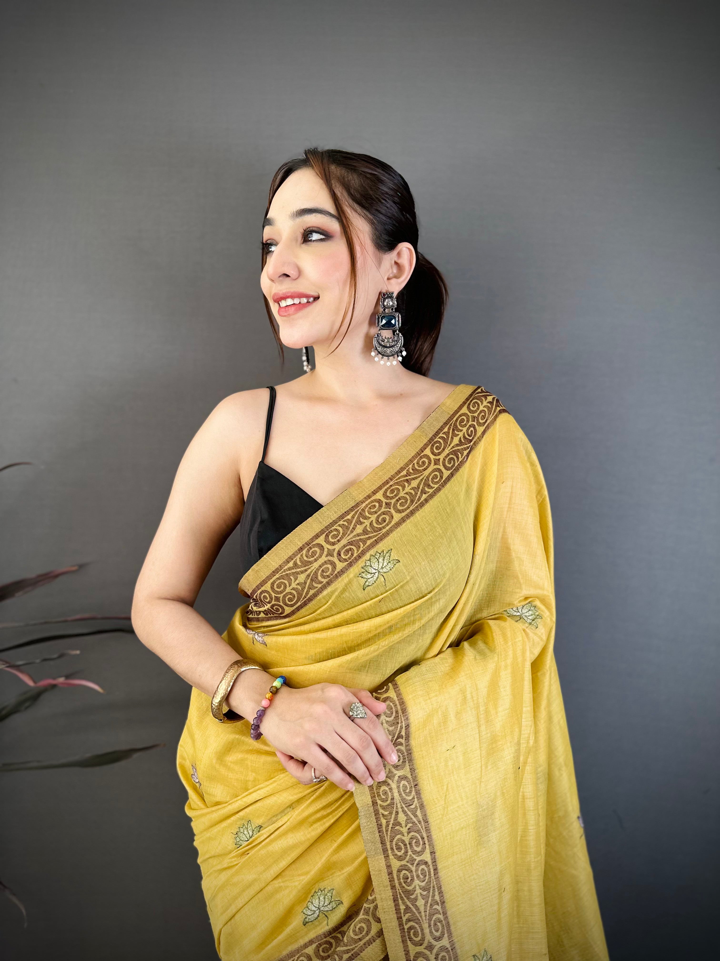 Light Yellow Nature Inspired Muga Cotton Saree