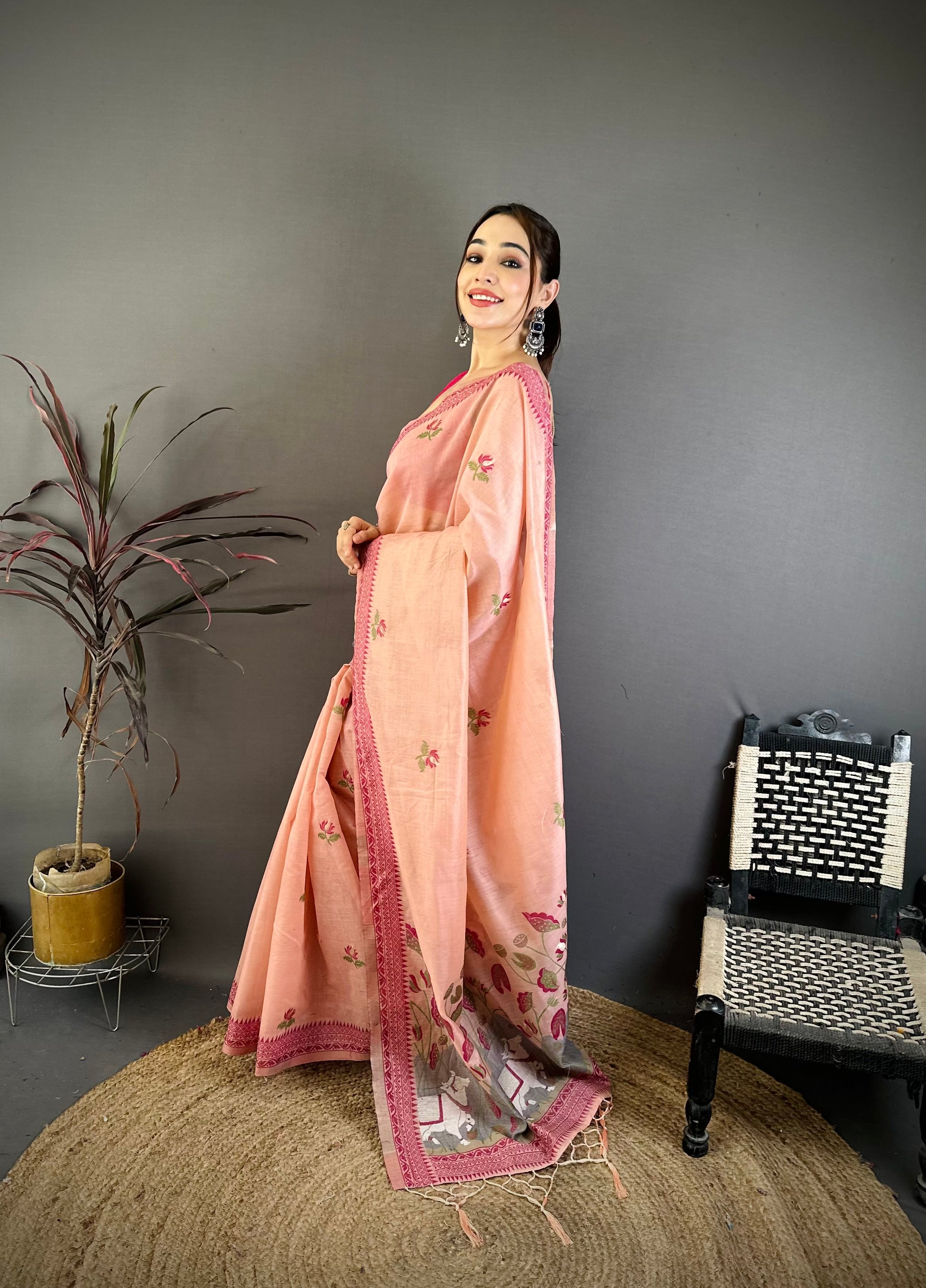 Pink Nature Inspired Muga Cotton Saree