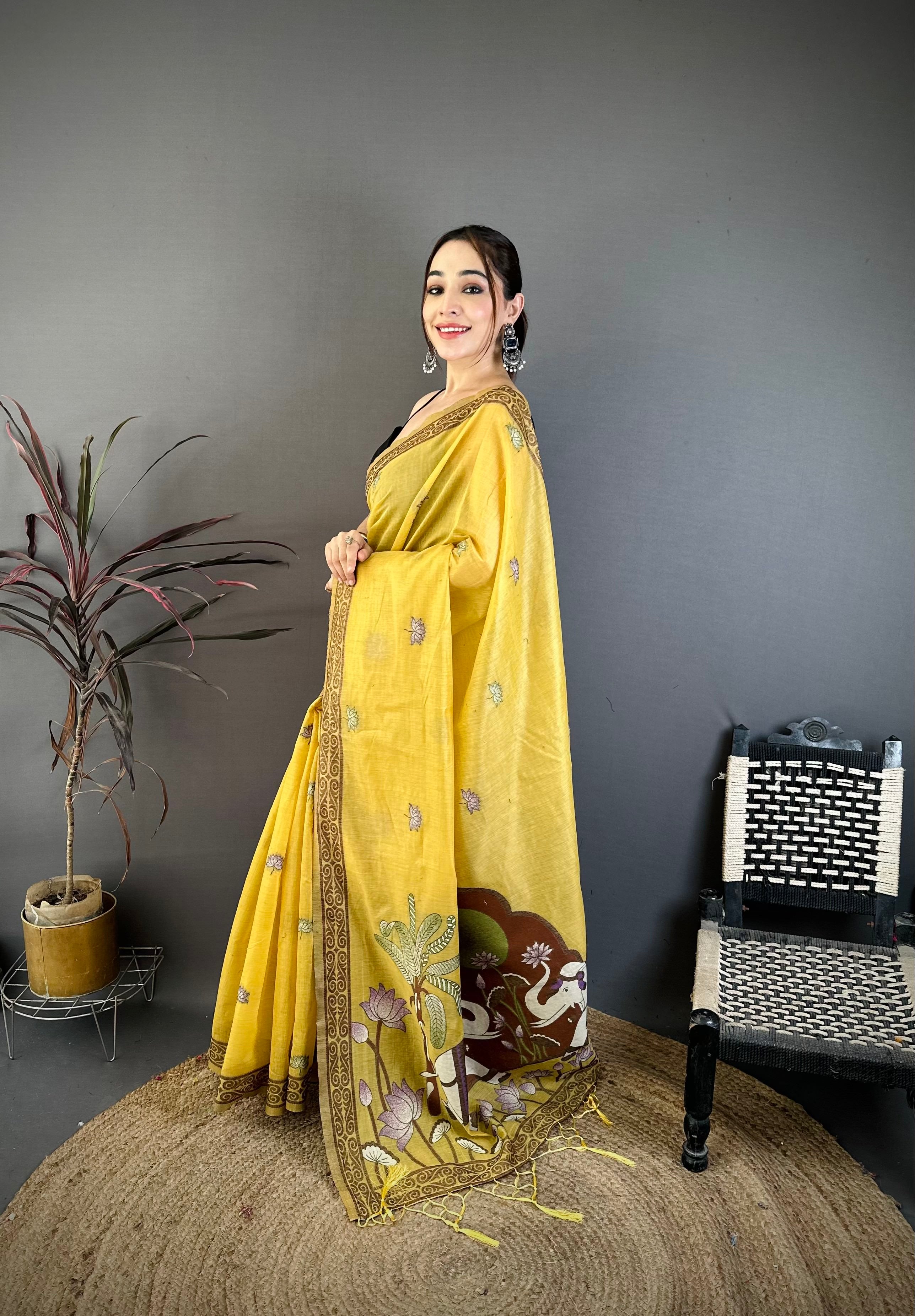 Light Yellow Nature Inspired Muga Cotton Saree