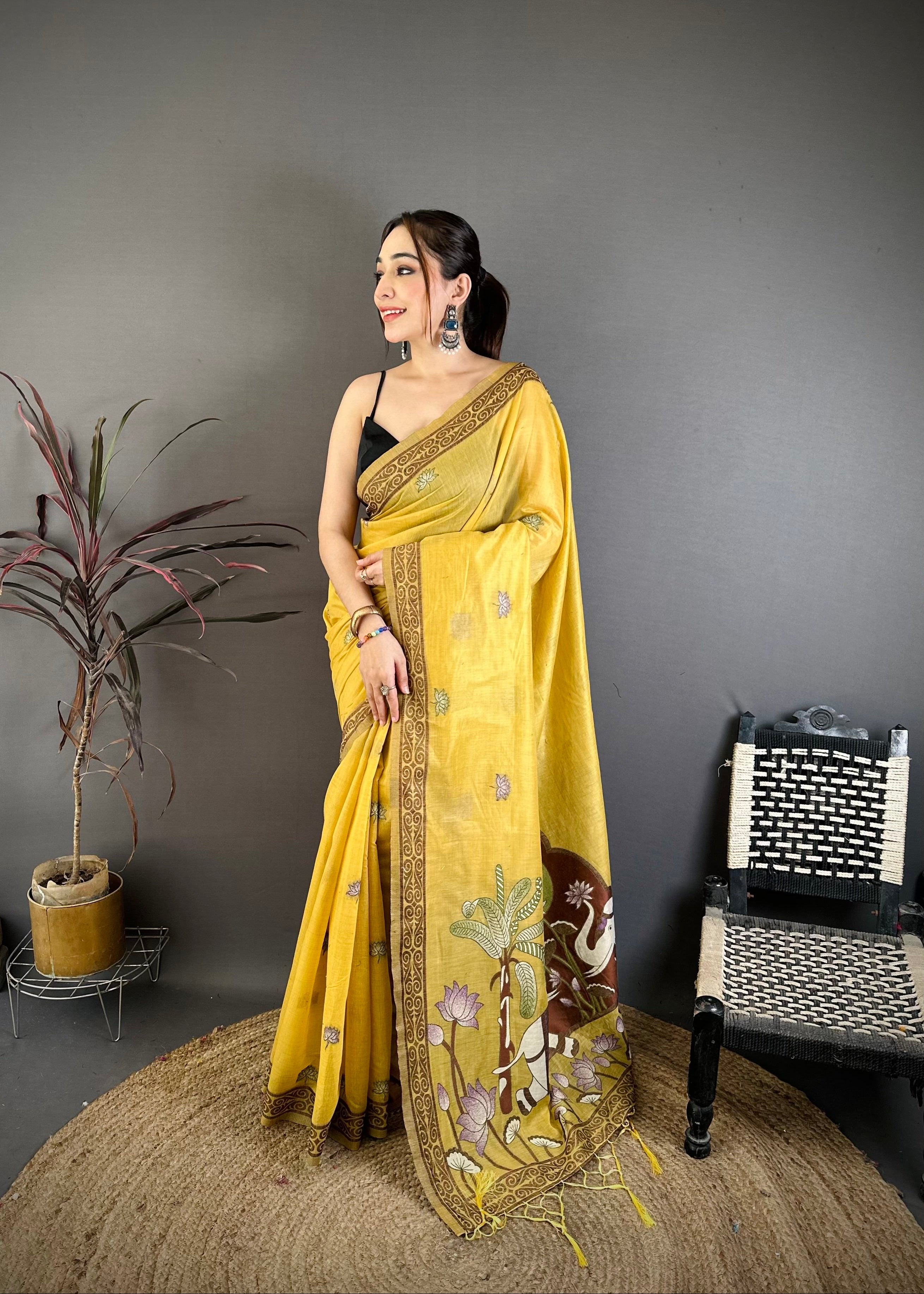 Light Yellow Nature Inspired Muga Cotton Saree