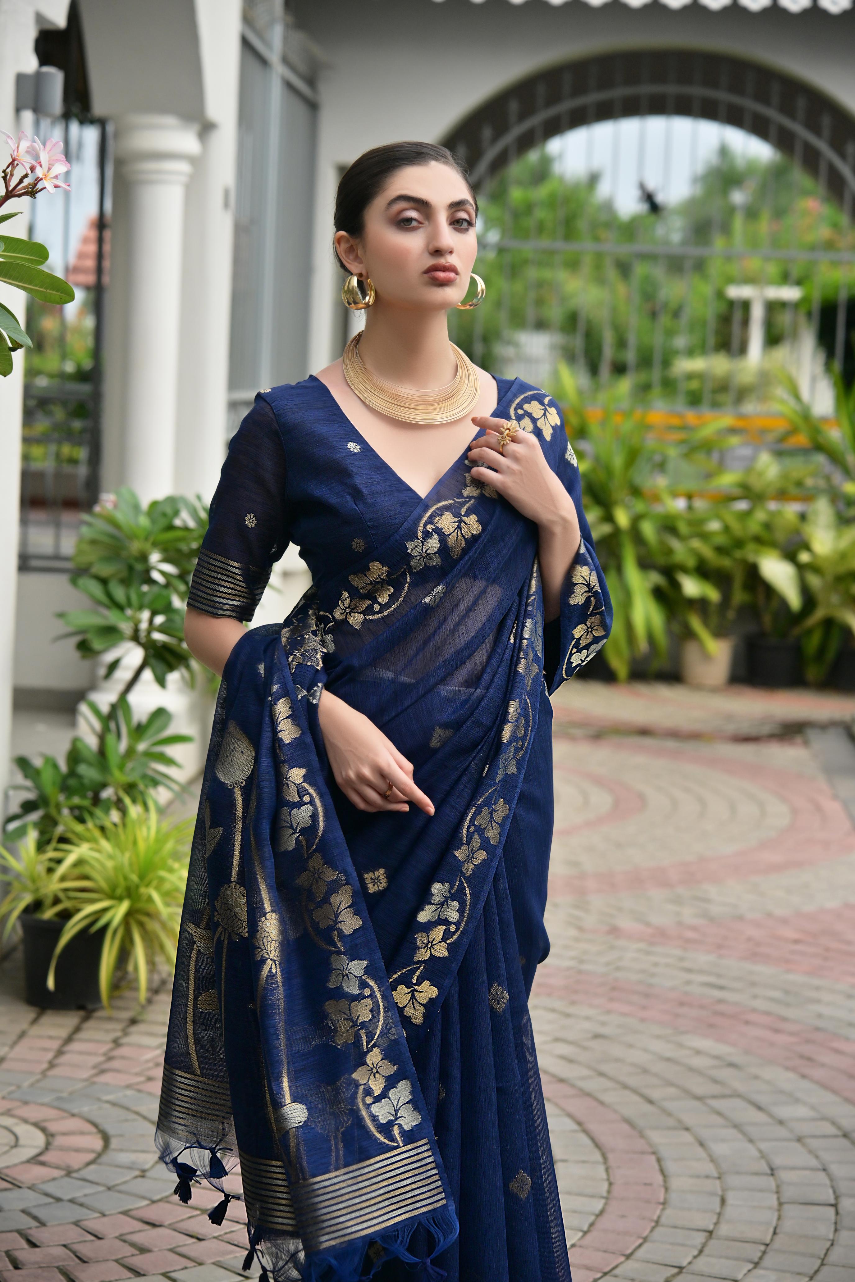 Navy Blue Jute Linen Silk Saree
