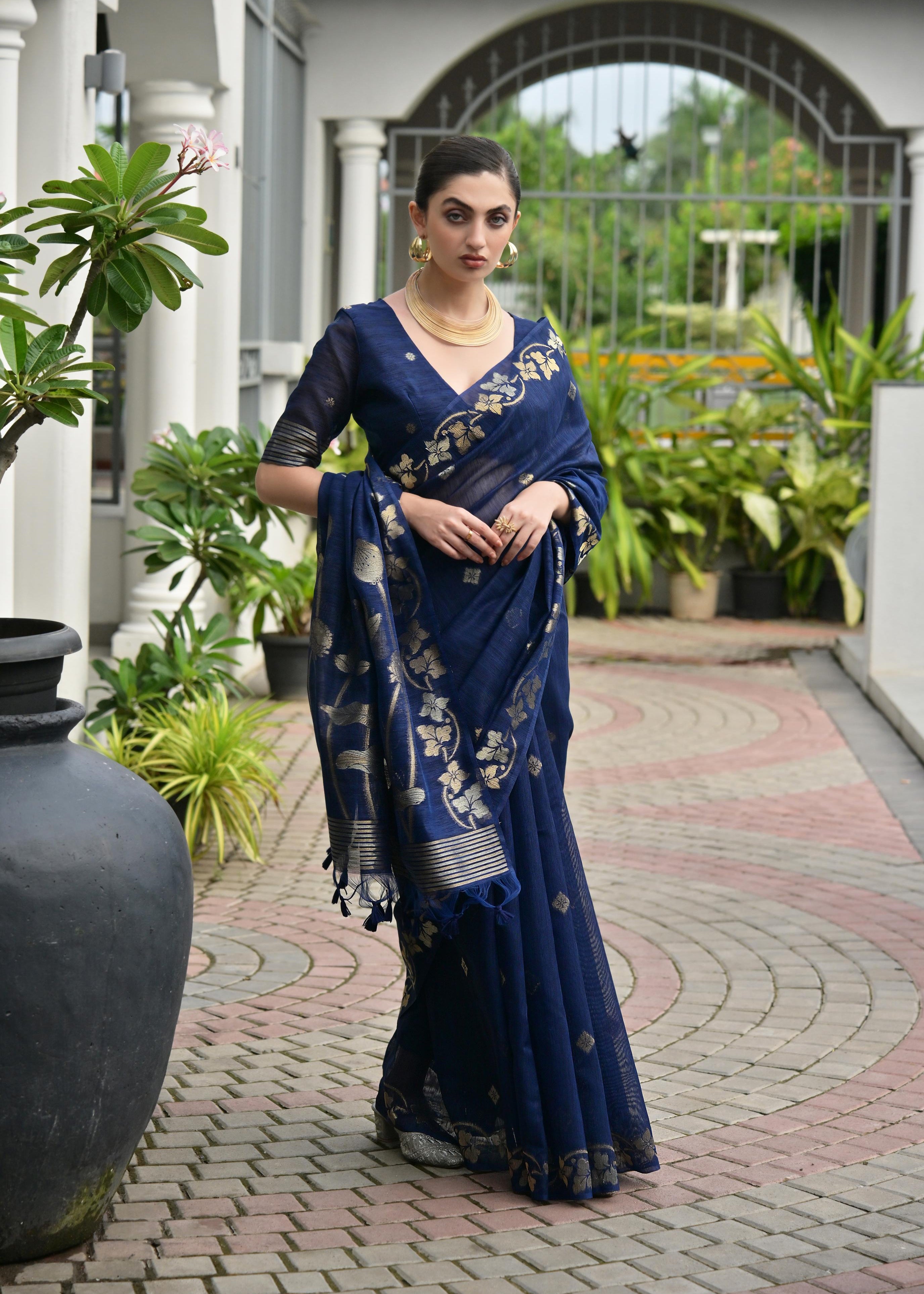 Navy Blue Jute Linen Silk Saree