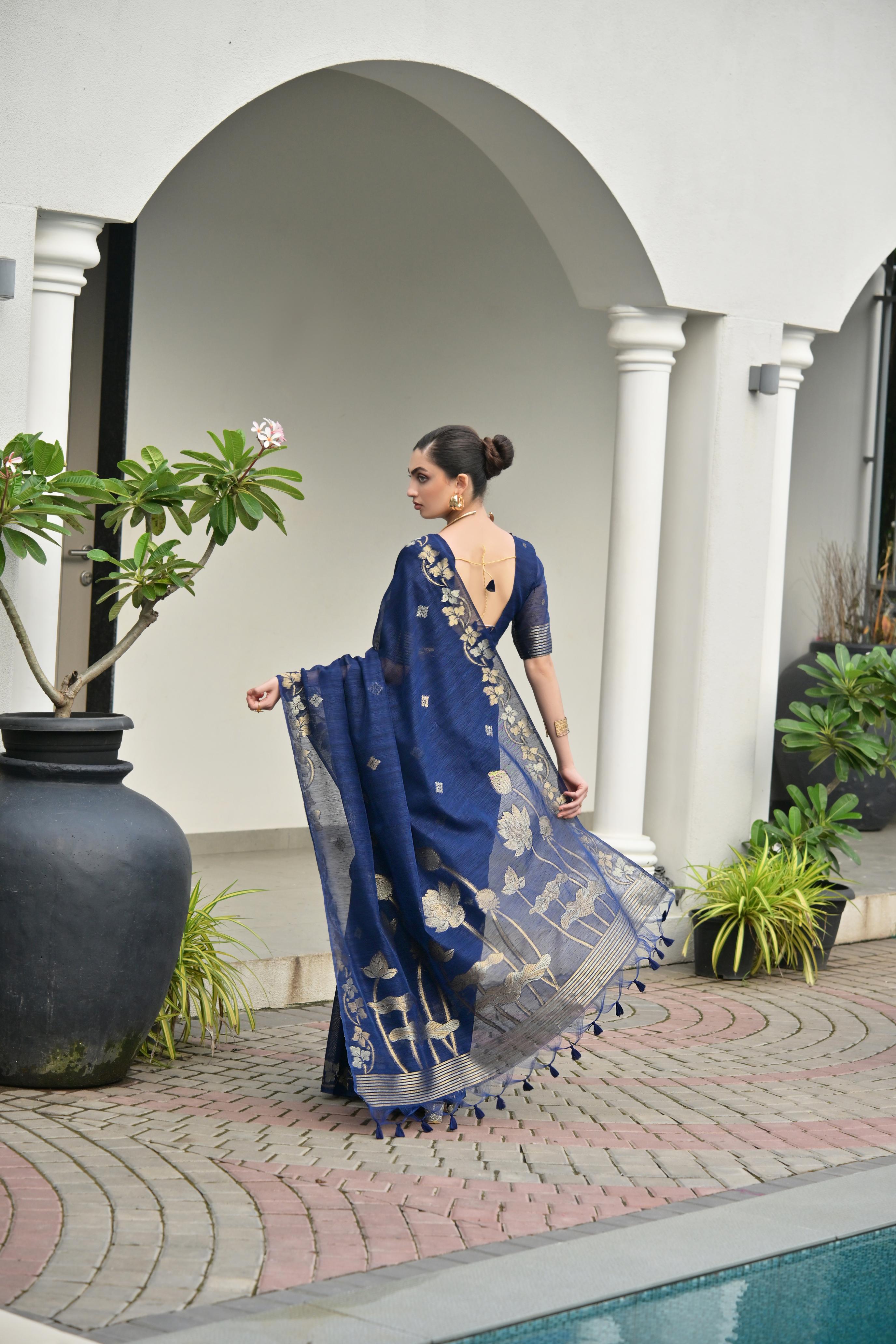 Navy Blue Jute Linen Silk Saree
