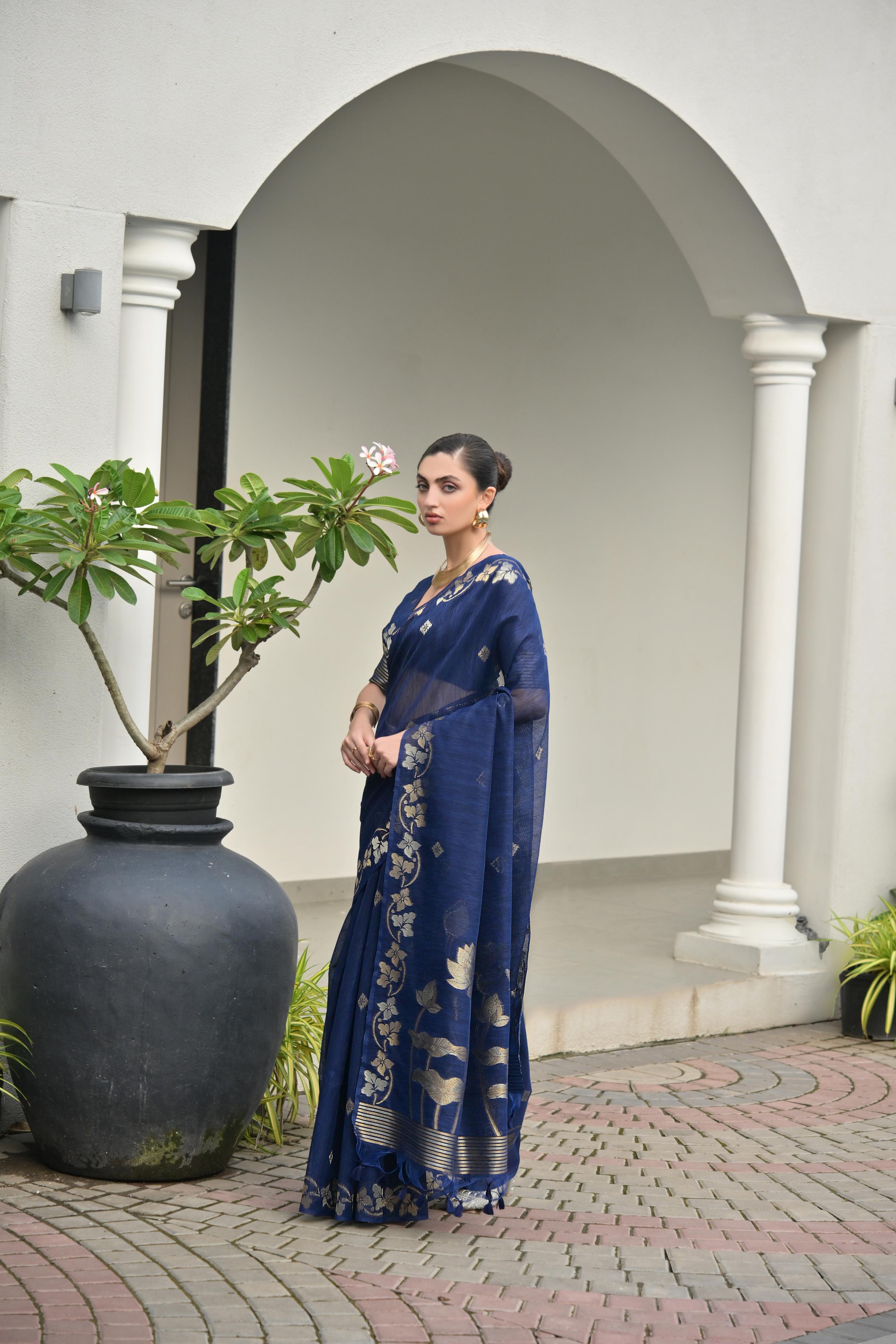 Navy Blue Jute Linen Silk Saree