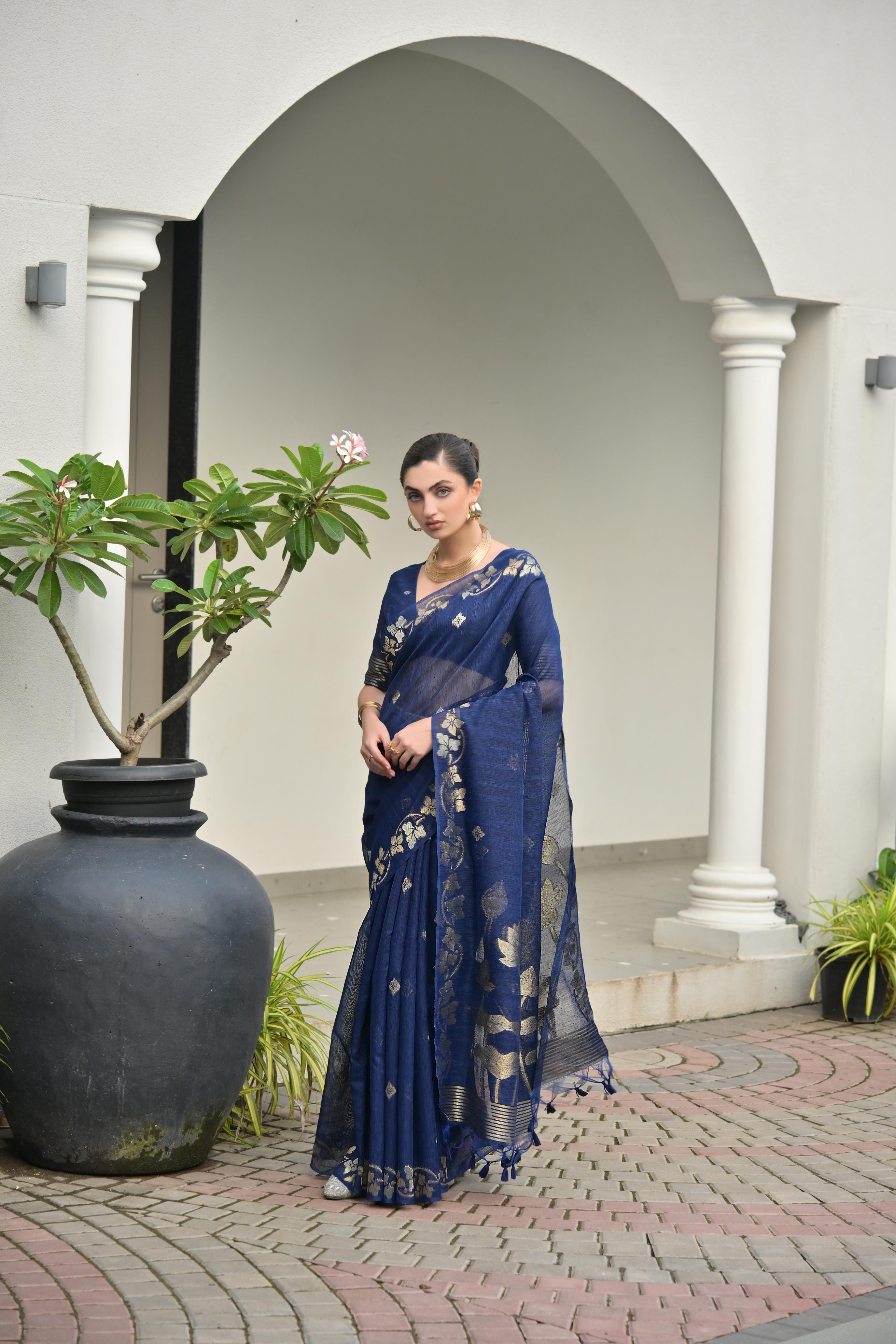 Navy Blue Jute Linen Silk Saree