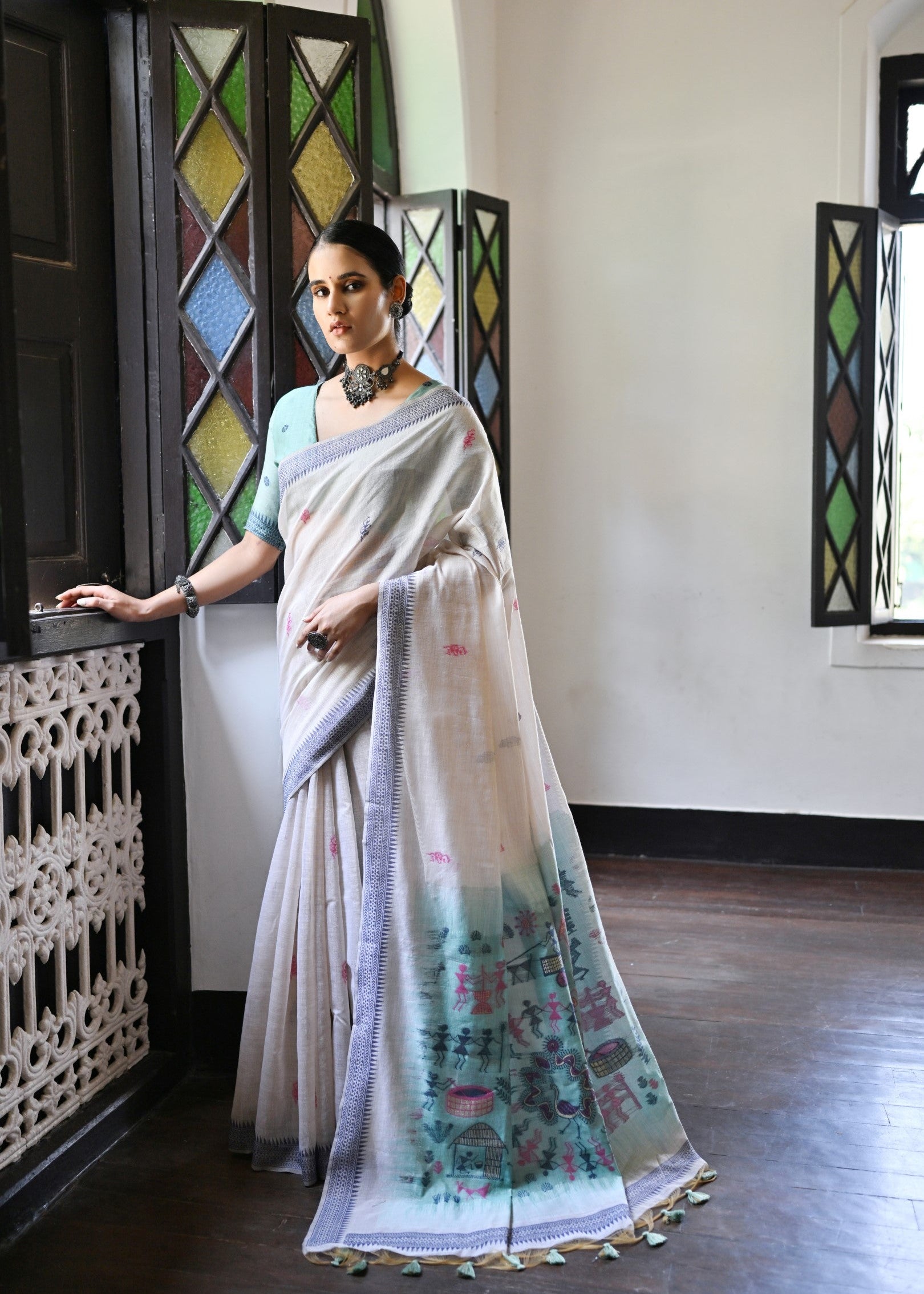 Navy Blue Muga Cotton Saree