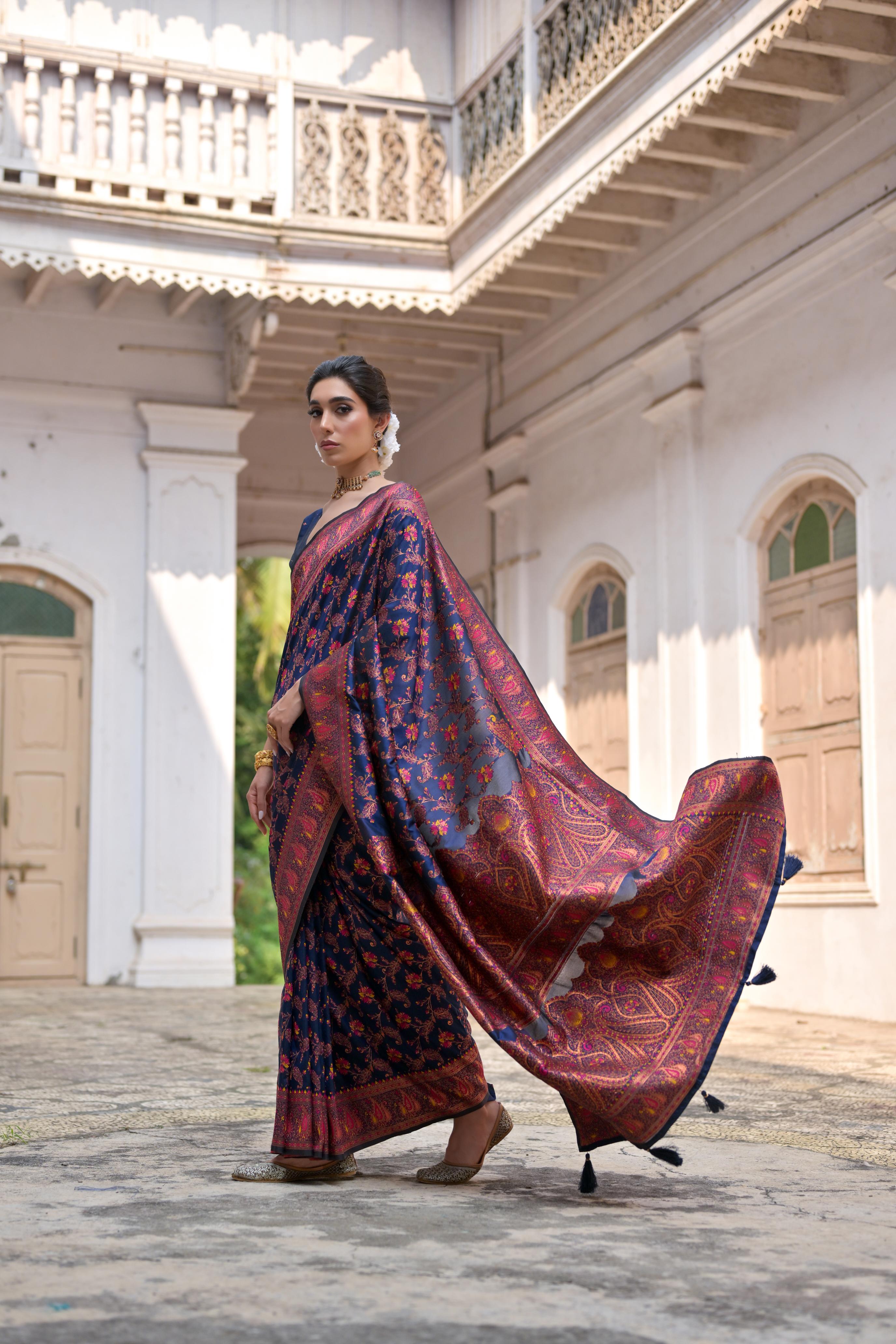 Navy Blue Pashmina Silk Saree