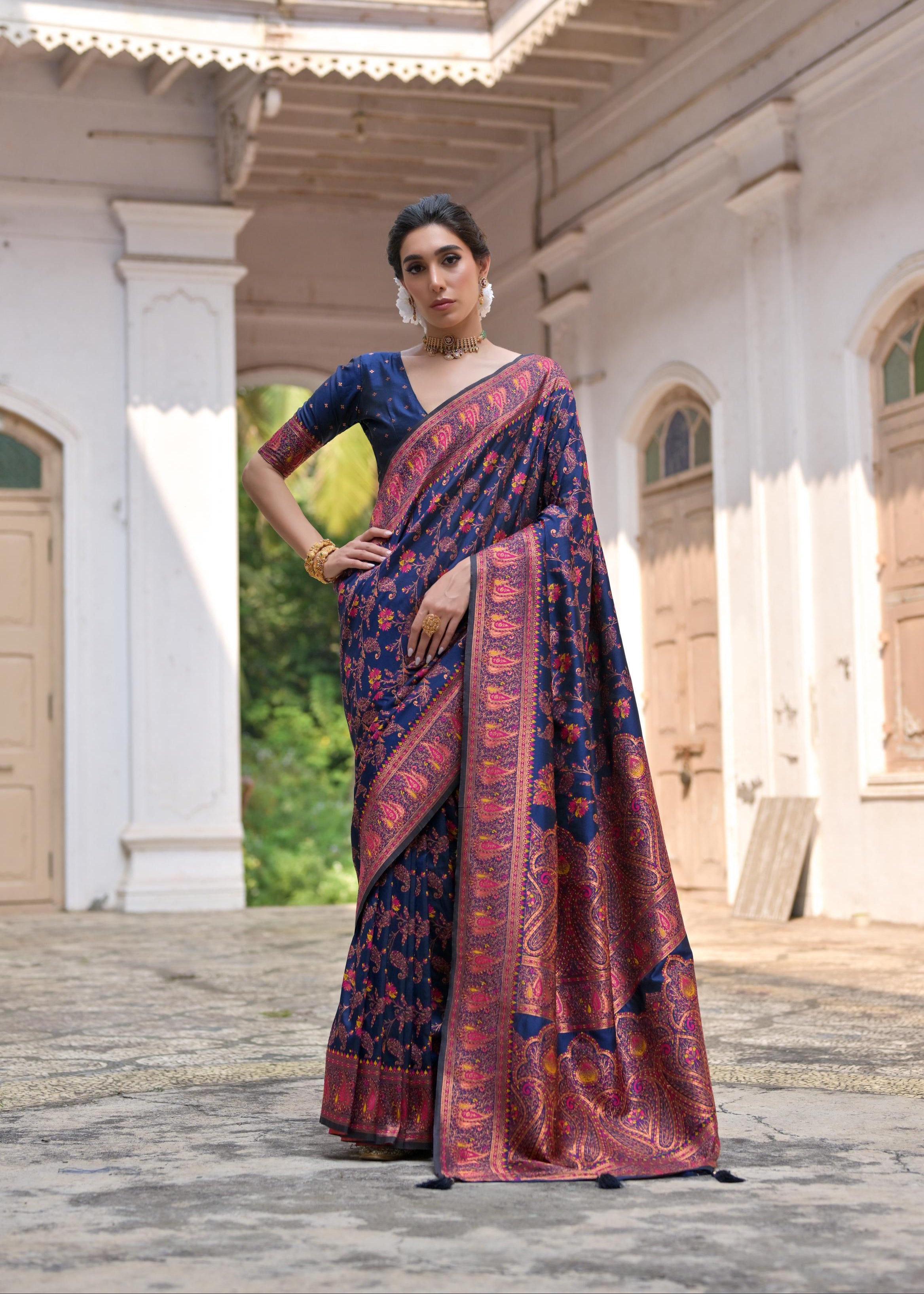 Navy Blue Pashmina Silk Saree