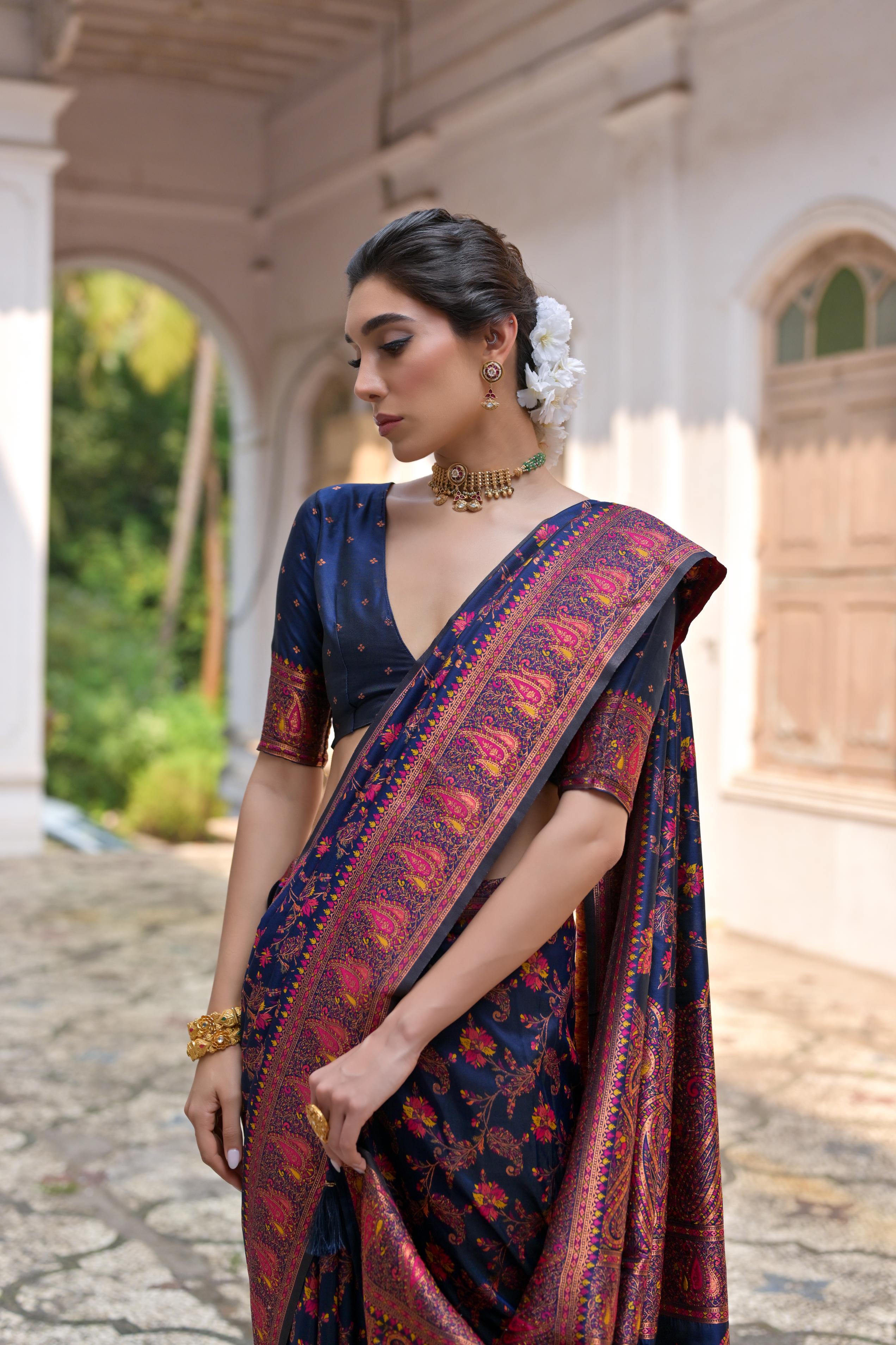 Navy Blue Pashmina Silk Saree