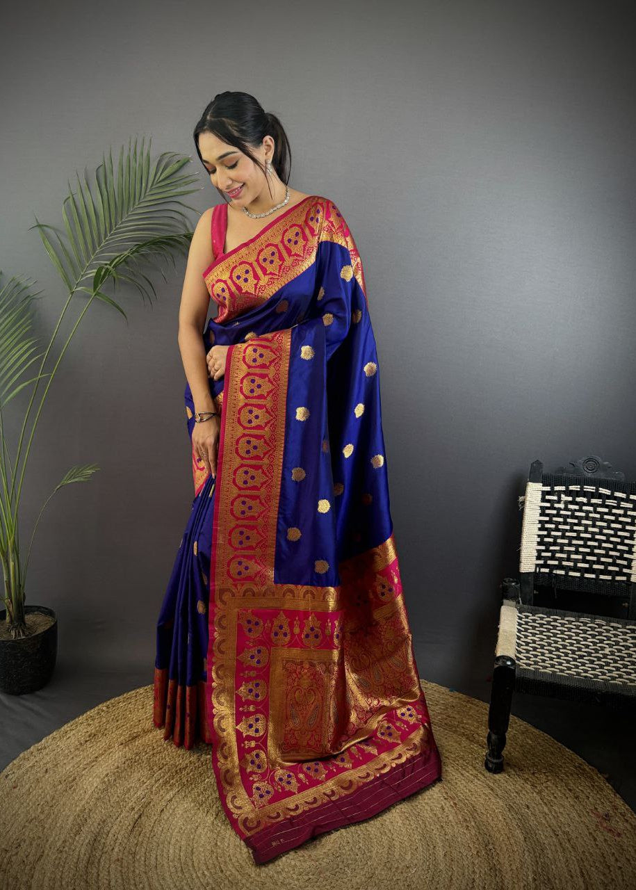 Navy Blue Pure Soft Banarasi Silk Saree