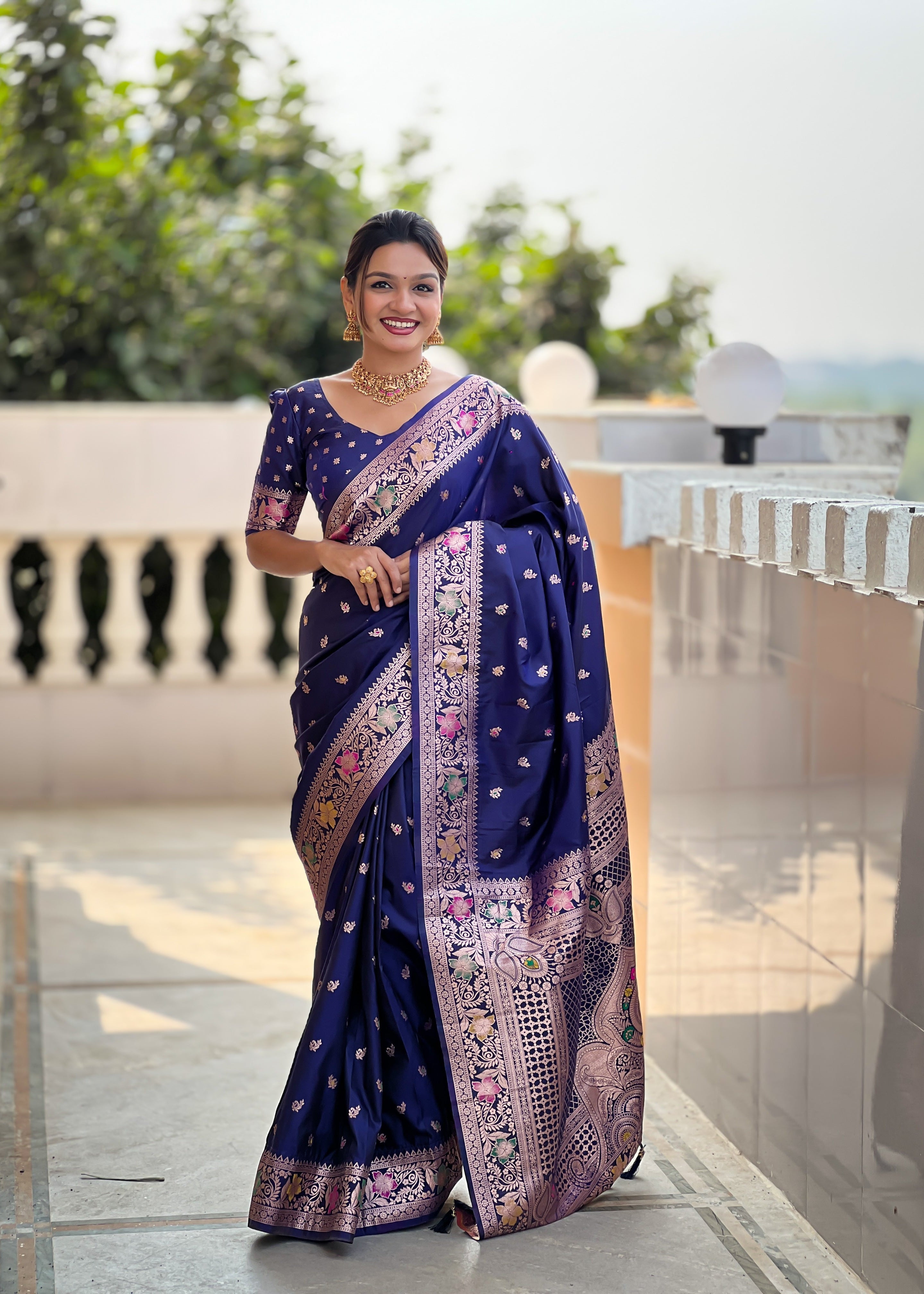 Navy Blue Soft Banarasi Silk Saree