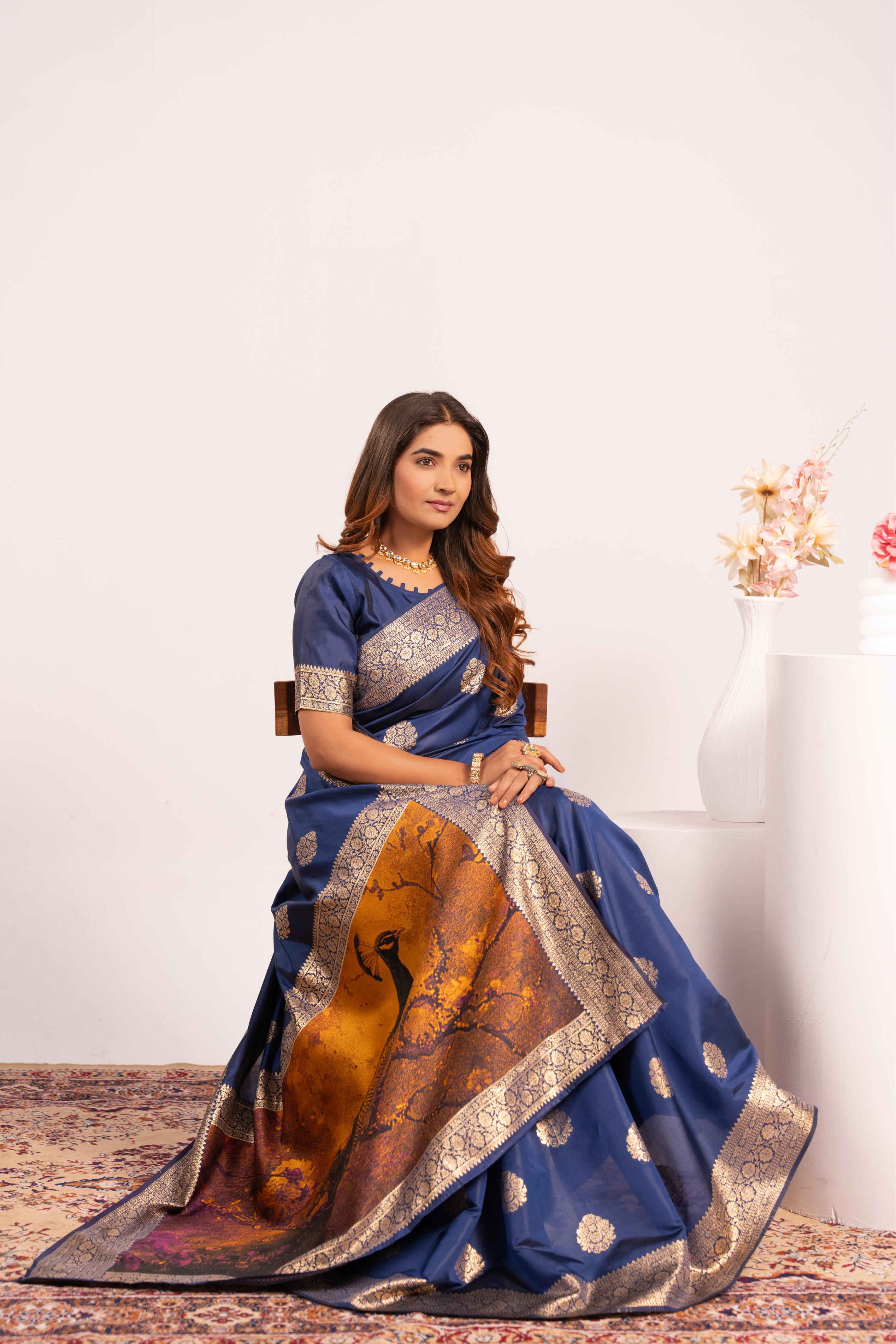 Navy Blue Soft Banarasi Silk Saree
