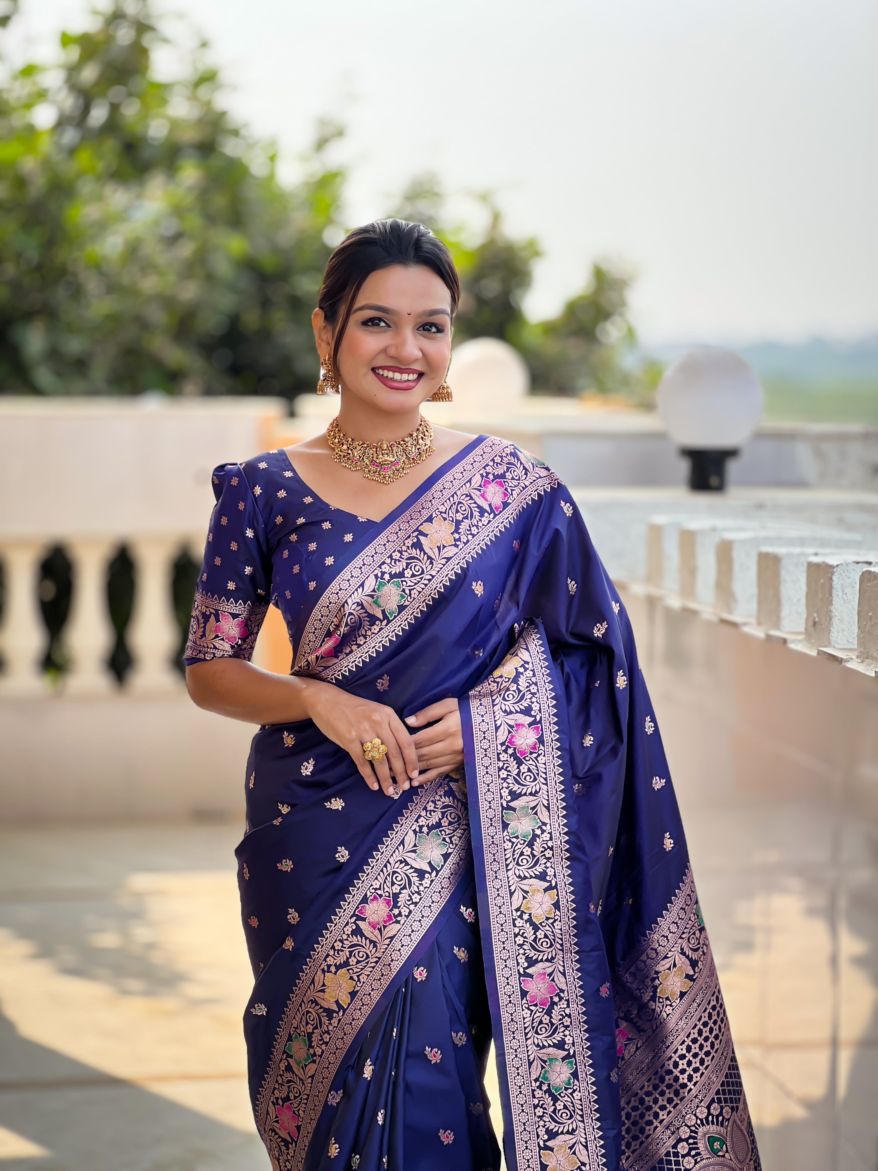 Navy Blue Soft Banarasi Silk Saree
