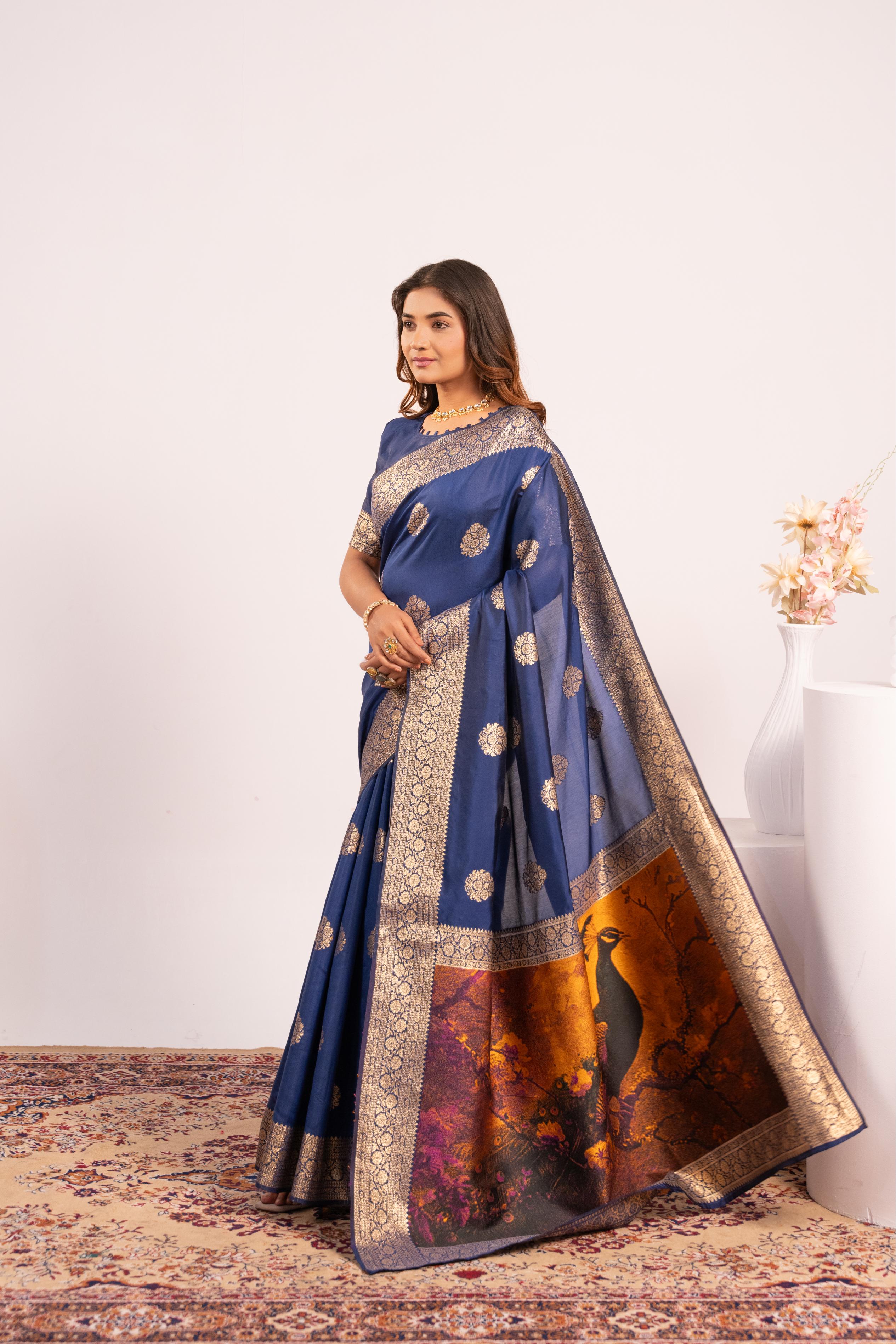 Navy Blue Soft Banarasi Silk Saree