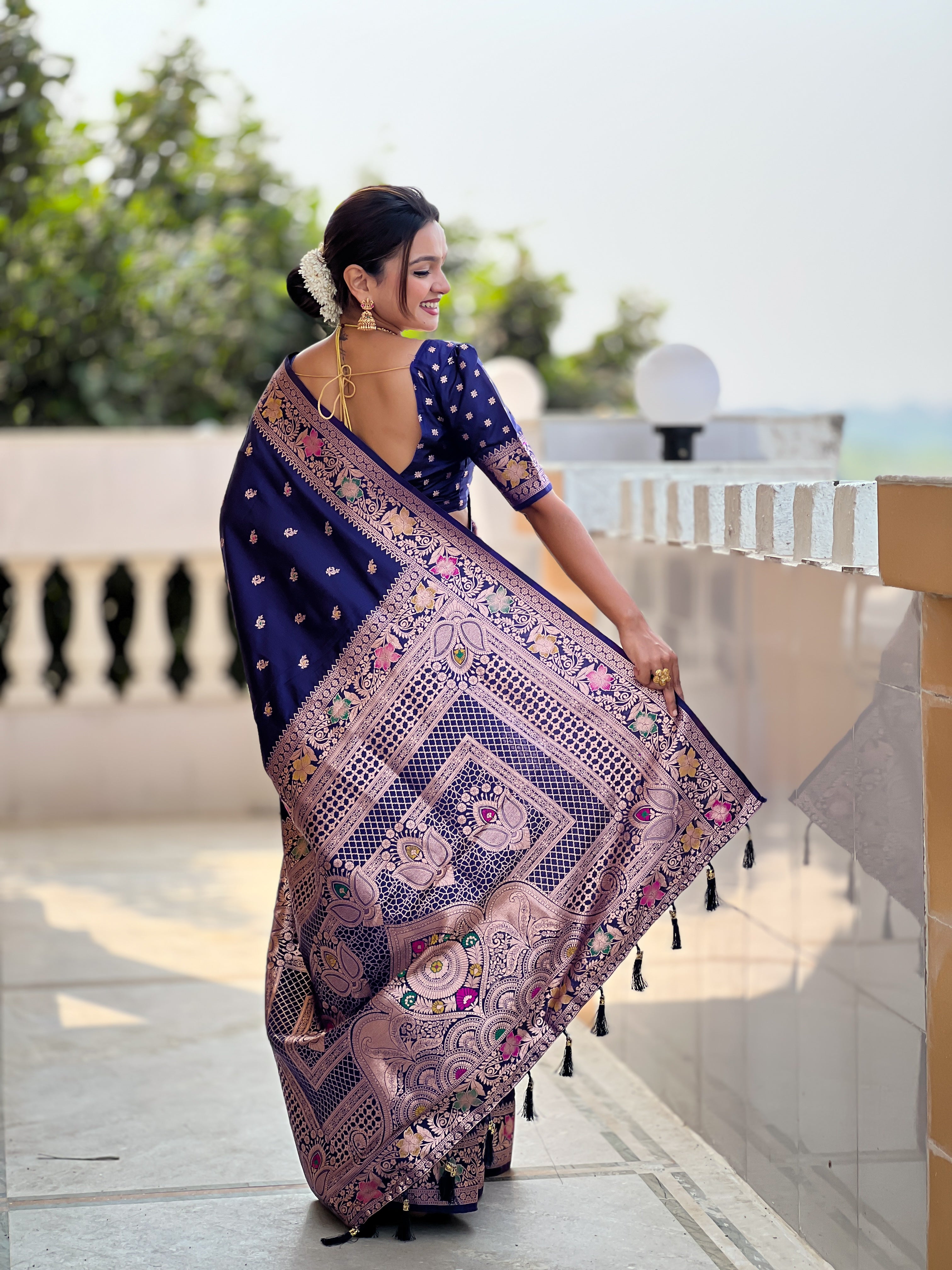 Navy Blue Soft Banarasi Silk Saree