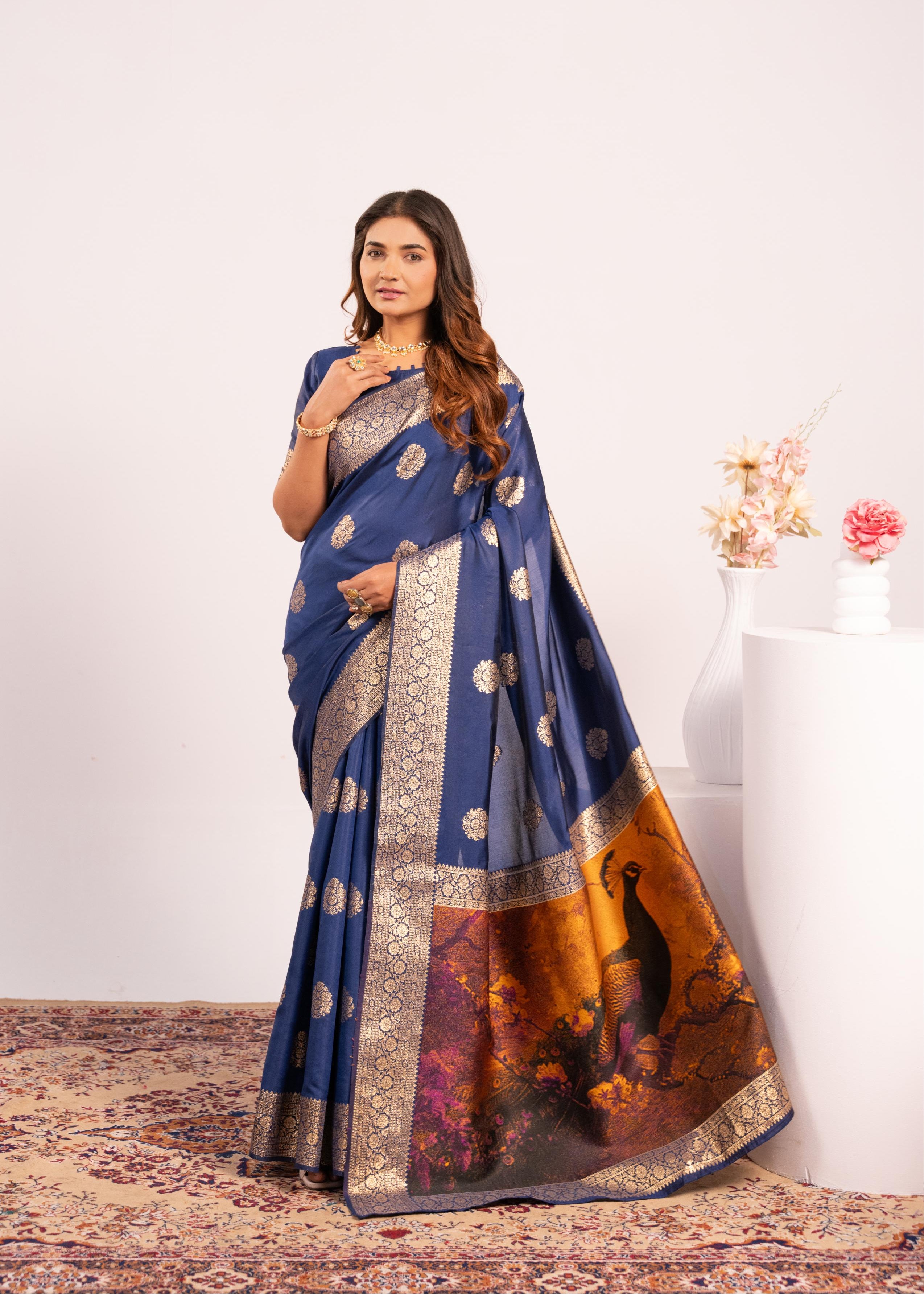 Navy Blue Soft Banarasi Silk Saree