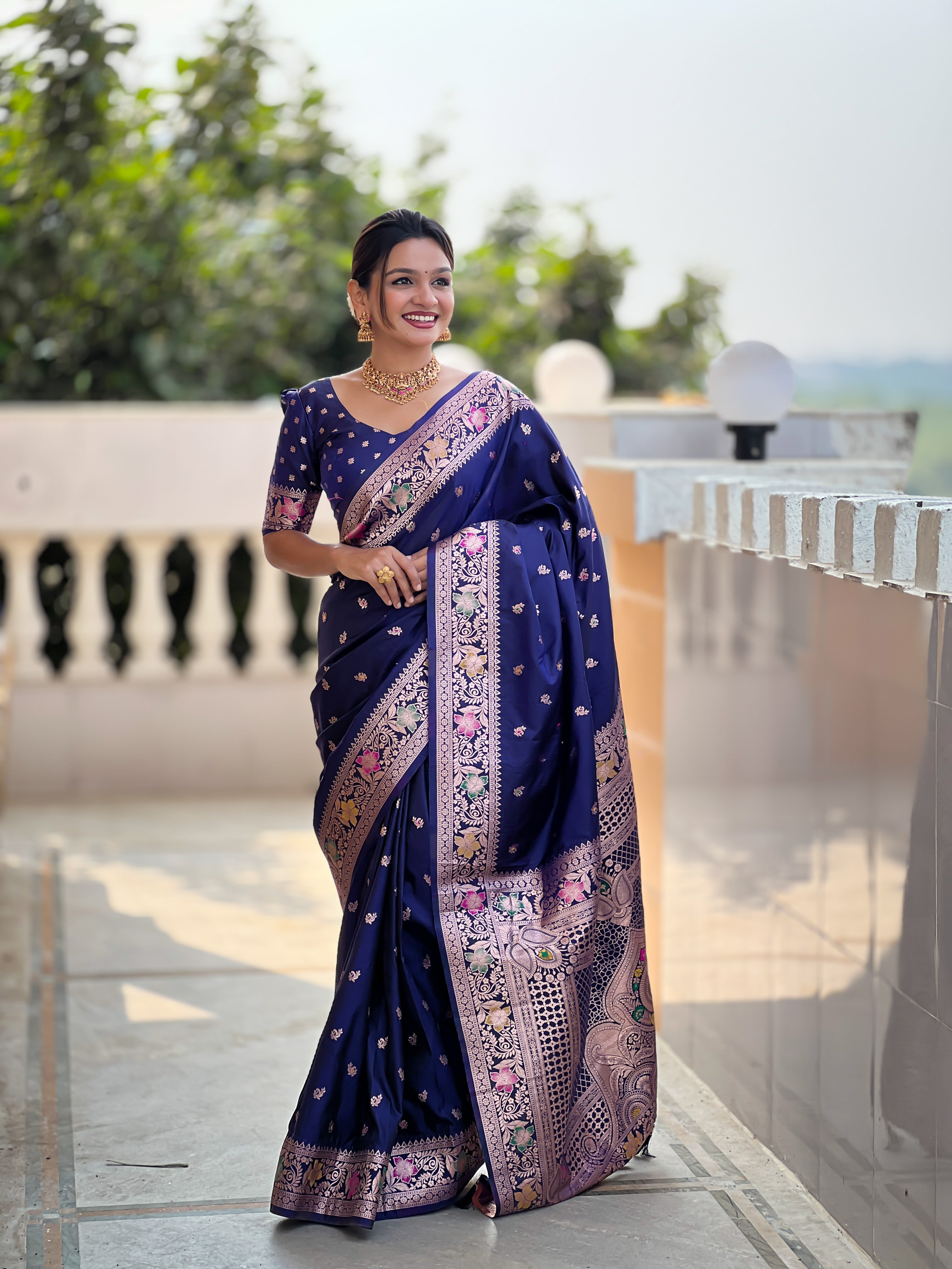 Navy Blue Soft Banarasi Silk Saree