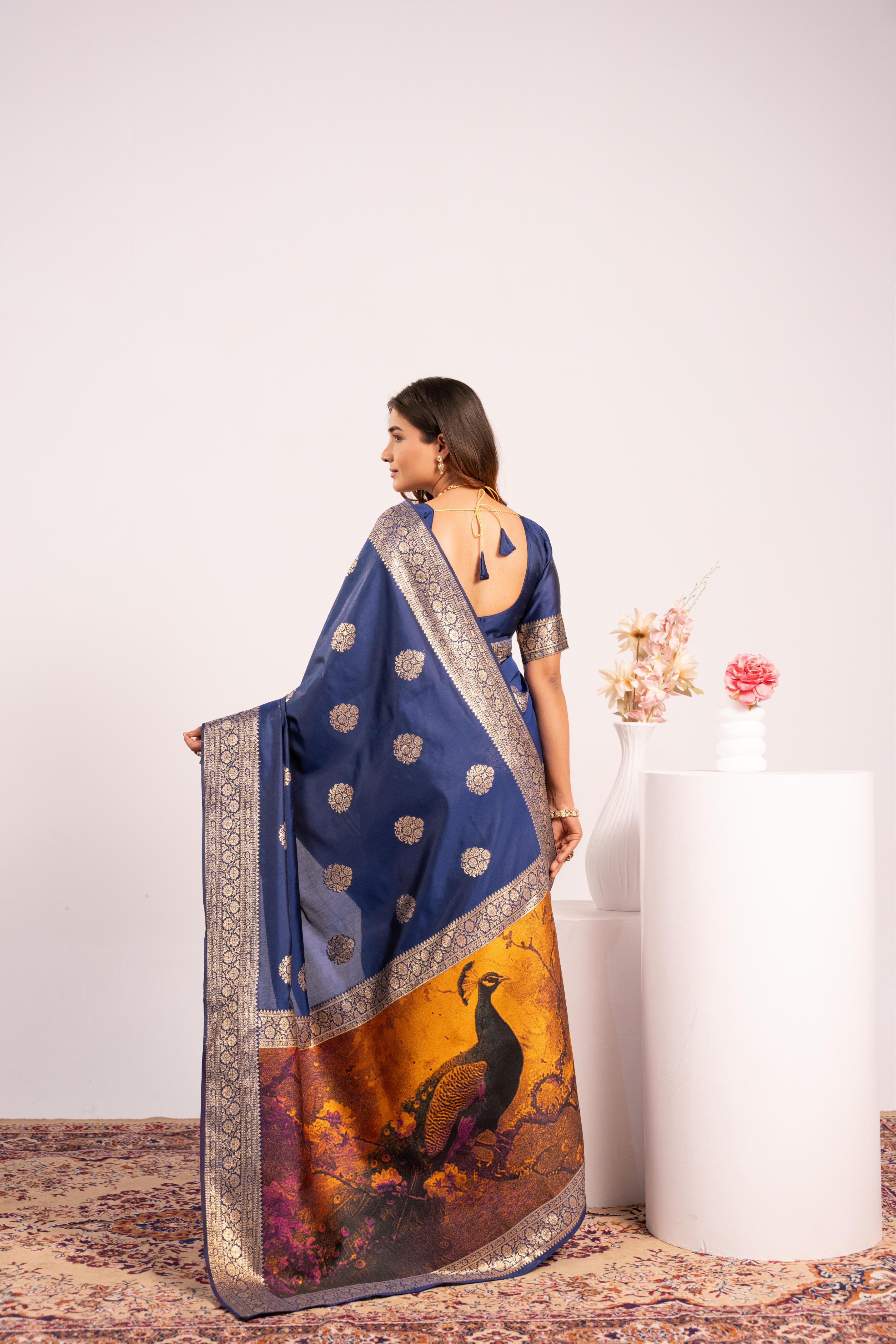 Navy Blue Soft Banarasi Silk Saree