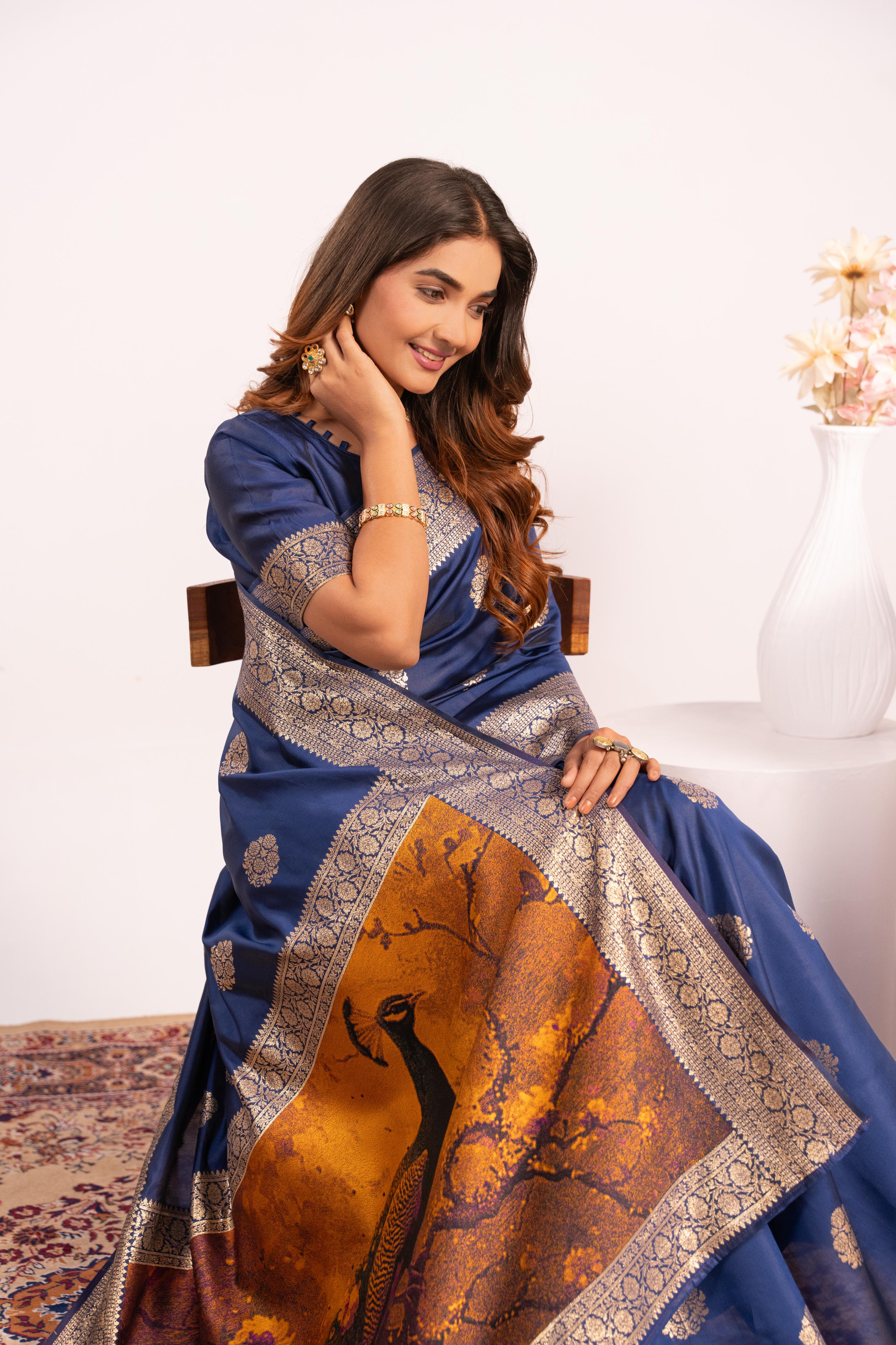 Navy Blue Soft Banarasi Silk Saree