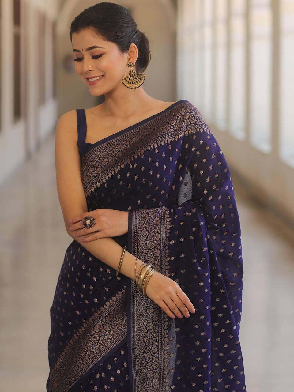 Navy Blue Traditional Lichi Silk Saree