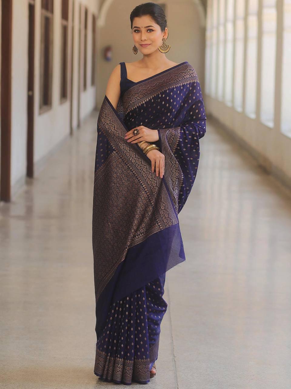 Navy Blue Traditional Lichi Silk Saree
