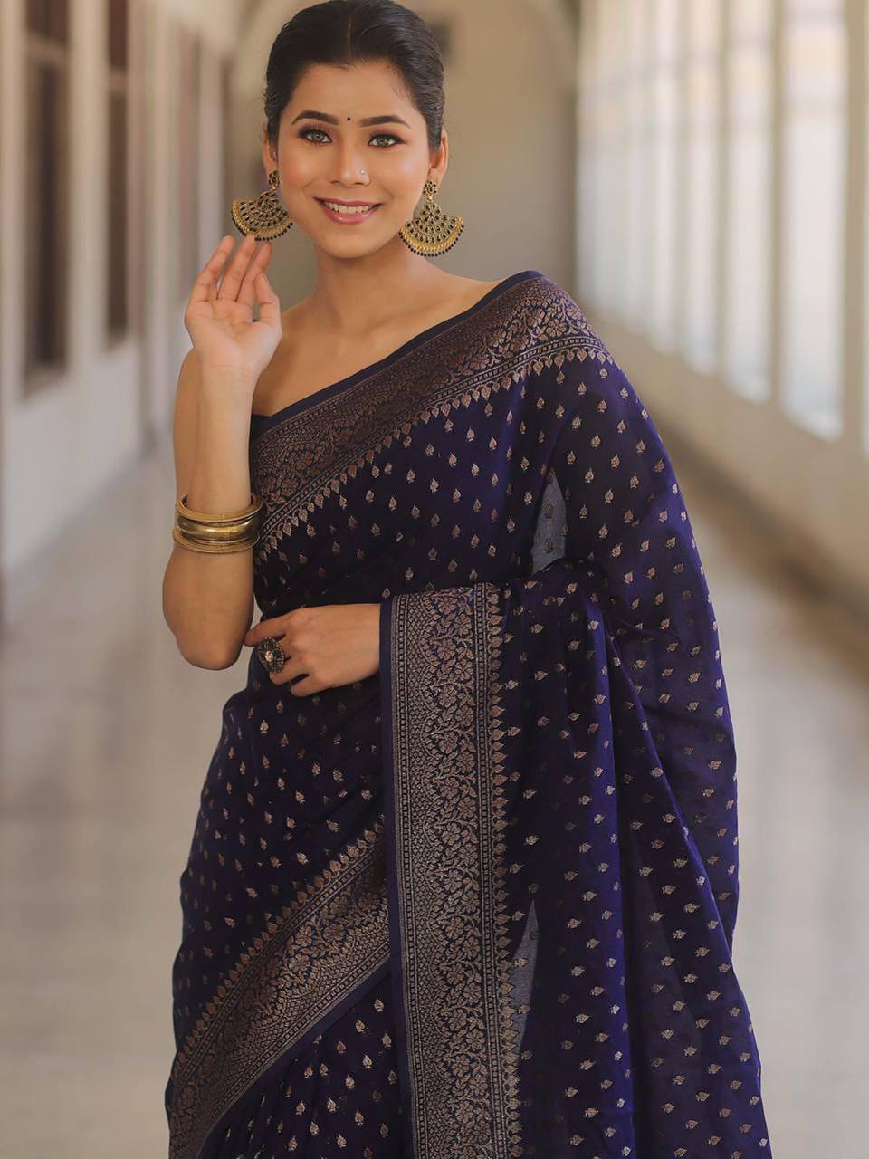 Navy Blue Traditional Lichi Silk Saree