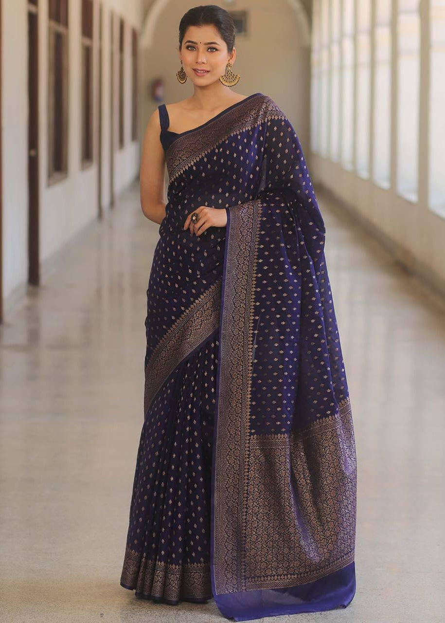 Navy Blue Traditional Lichi Silk Saree