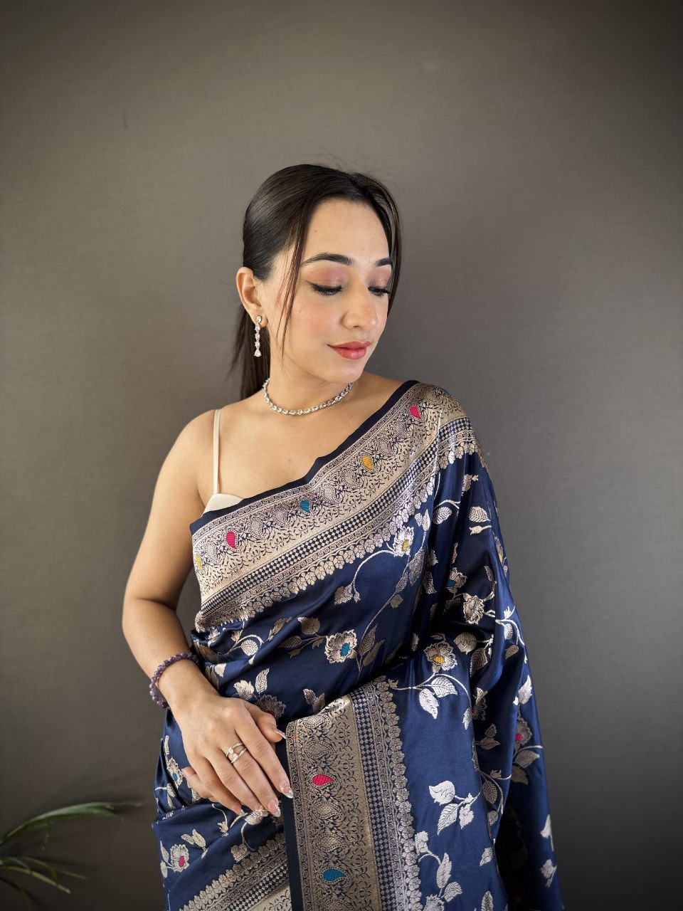 Navy Blue Wedding Wear Soft Banarasi Silk Saree