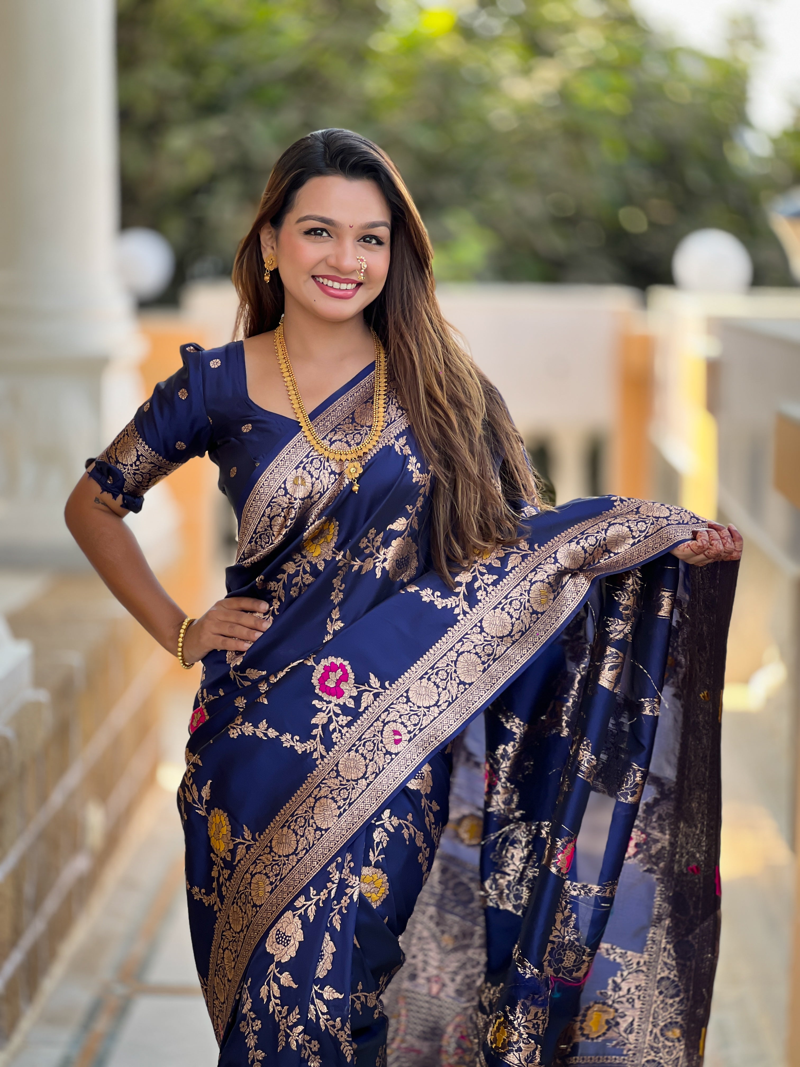 Navy Blue Wedding Wear Soft Banarasi Silk Saree