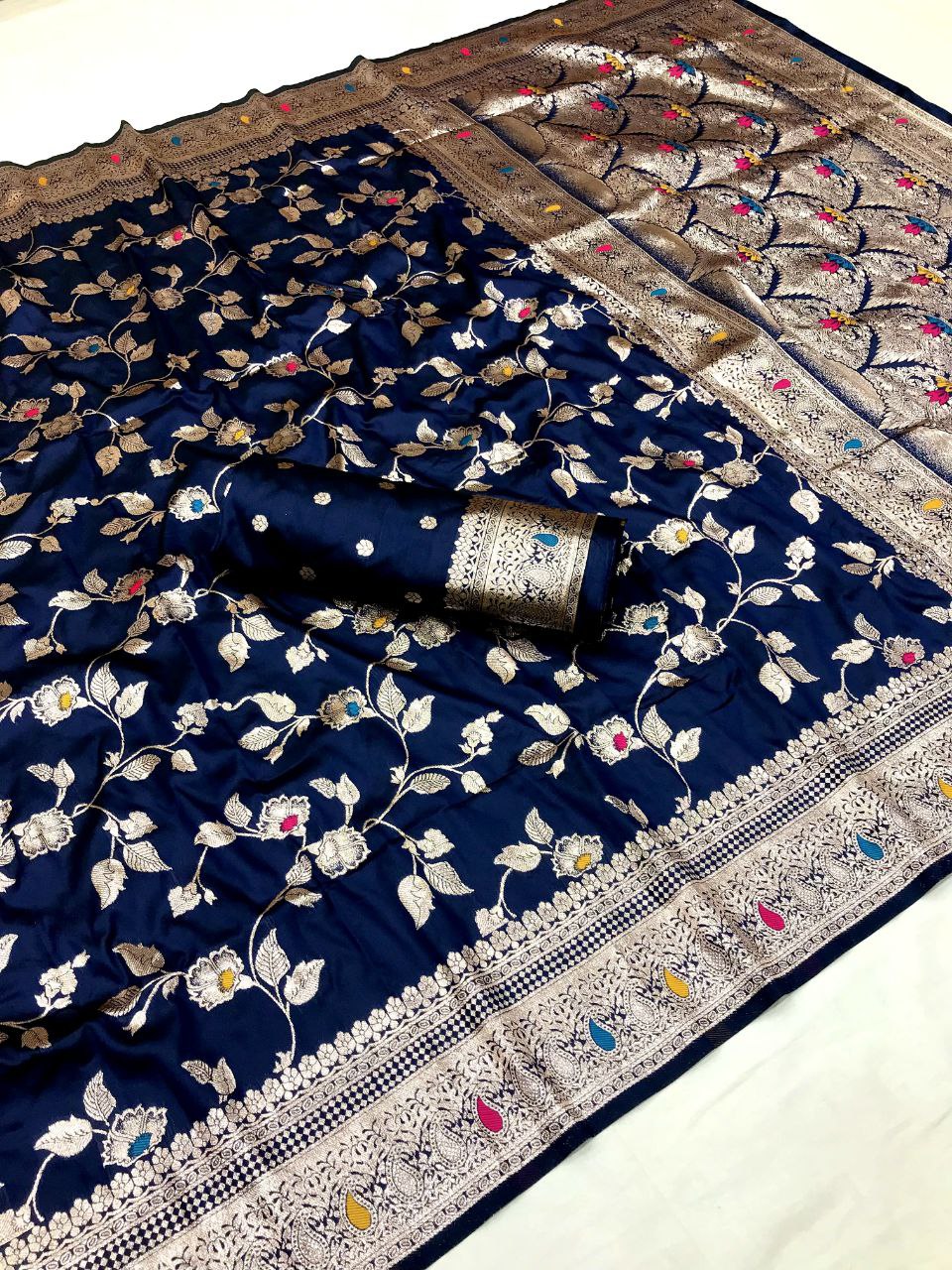 Navy Blue Wedding Wear Soft Banarasi Silk Saree