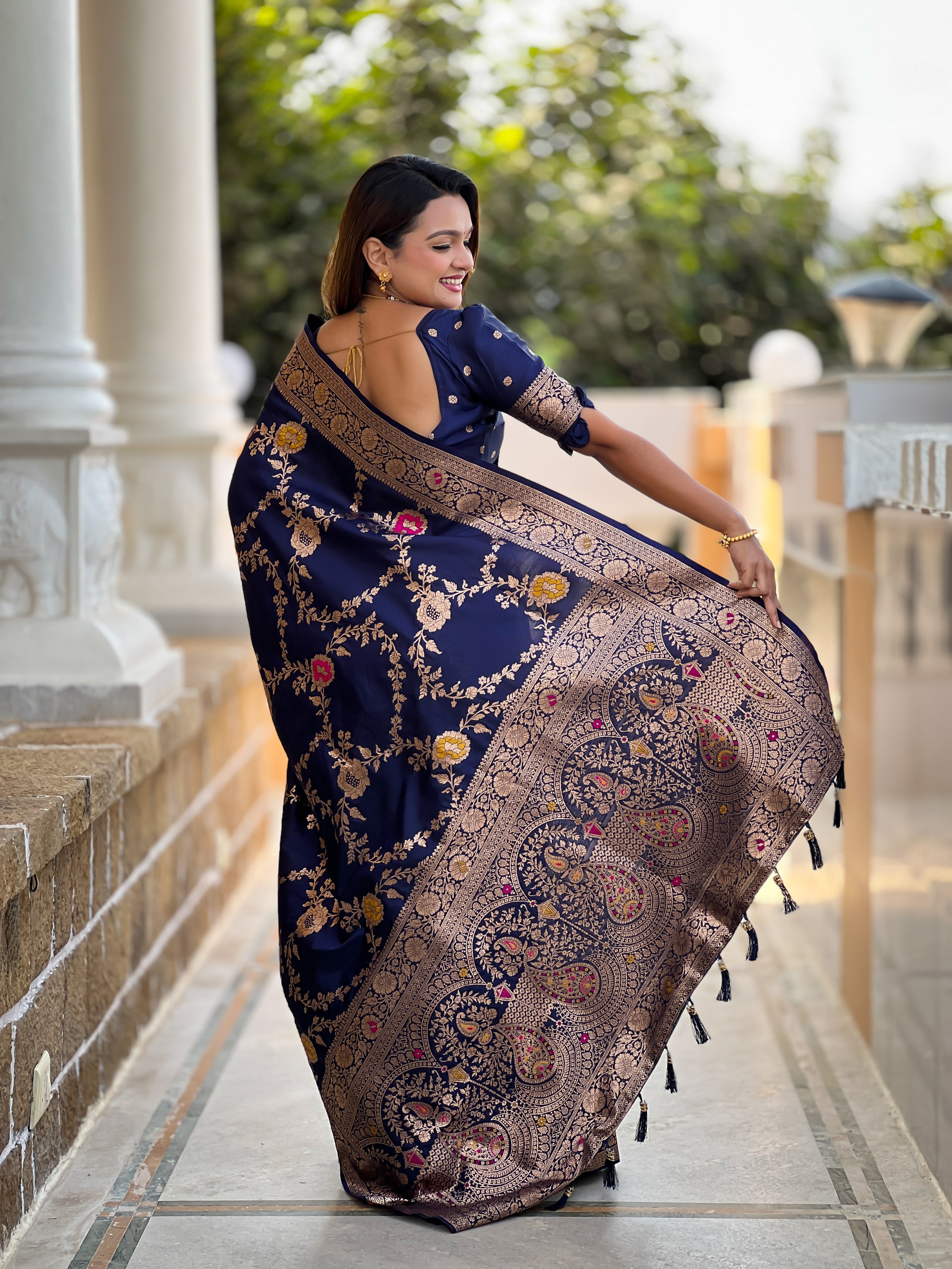 Navy Blue Wedding Wear Soft Banarasi Silk Saree