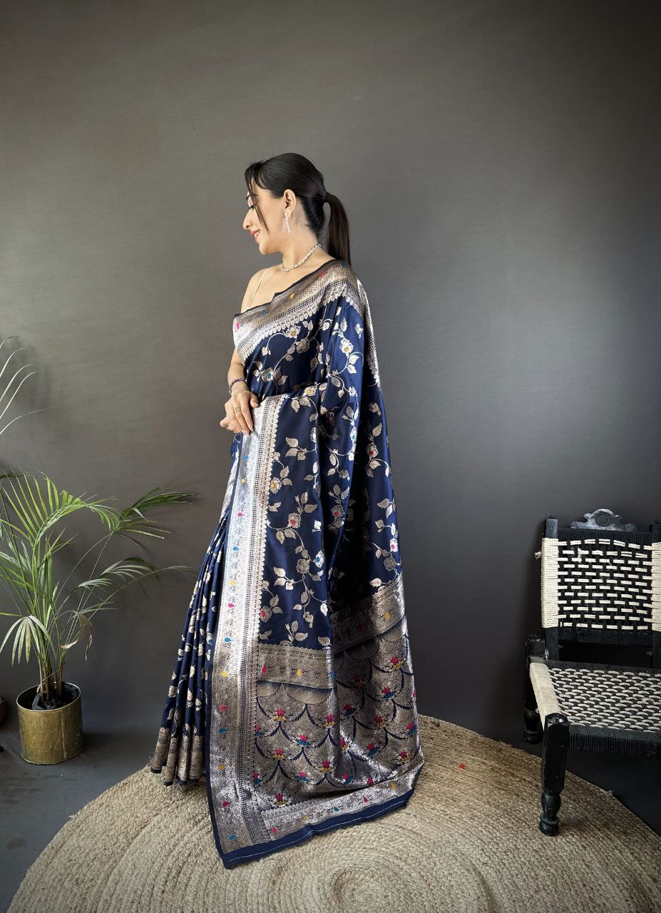 Navy Blue Wedding Wear Soft Banarasi Silk Saree