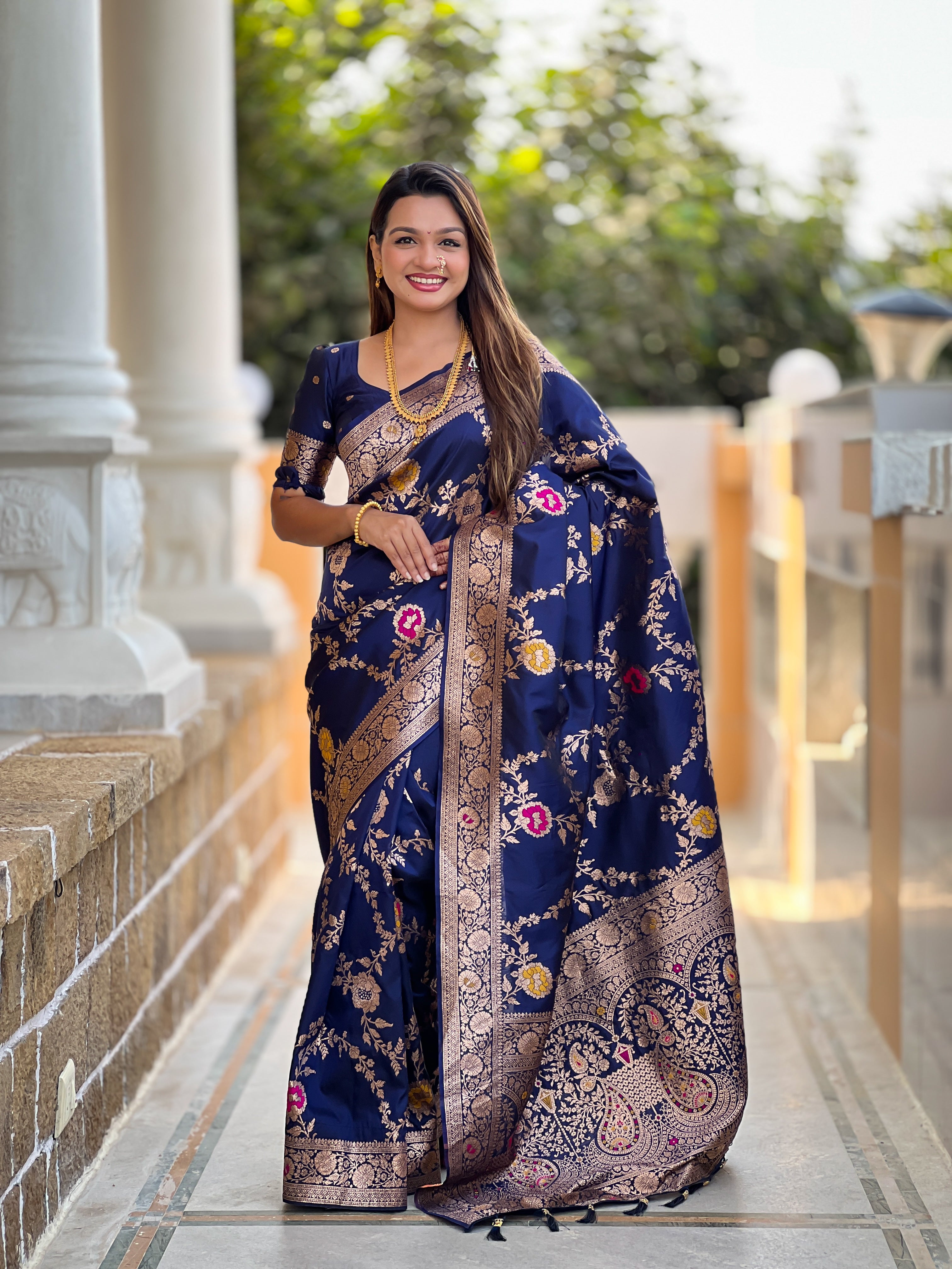 Navy Blue Wedding Wear Soft Banarasi Silk Saree