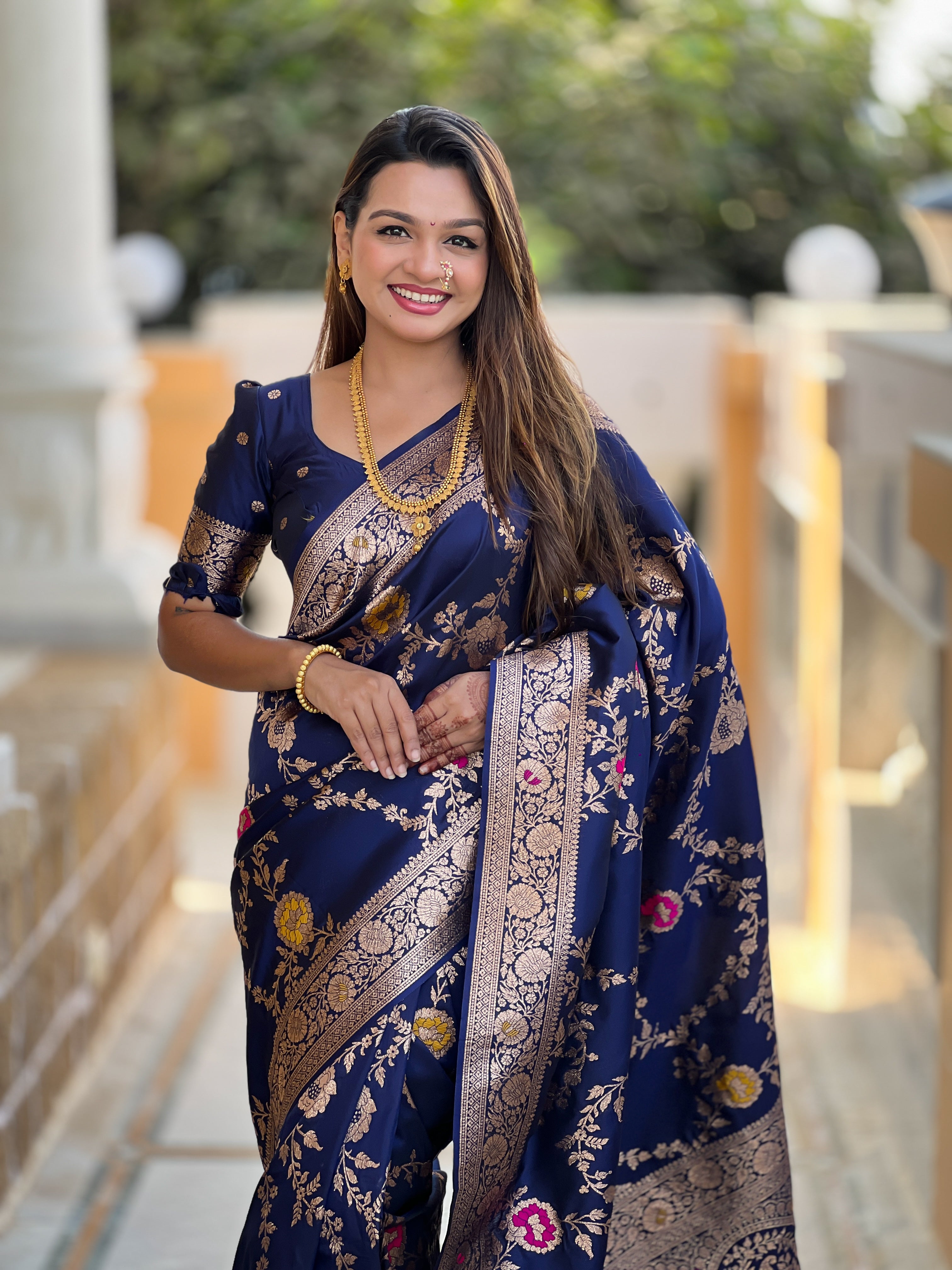 Navy Blue Wedding Wear Soft Banarasi Silk Saree