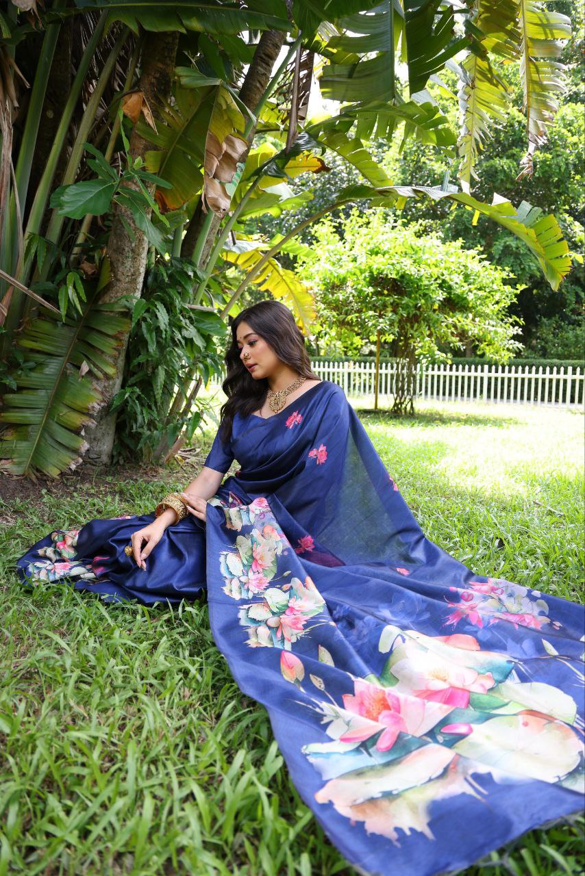 Navy Lotus Printed Soft Tussar Silk Saree