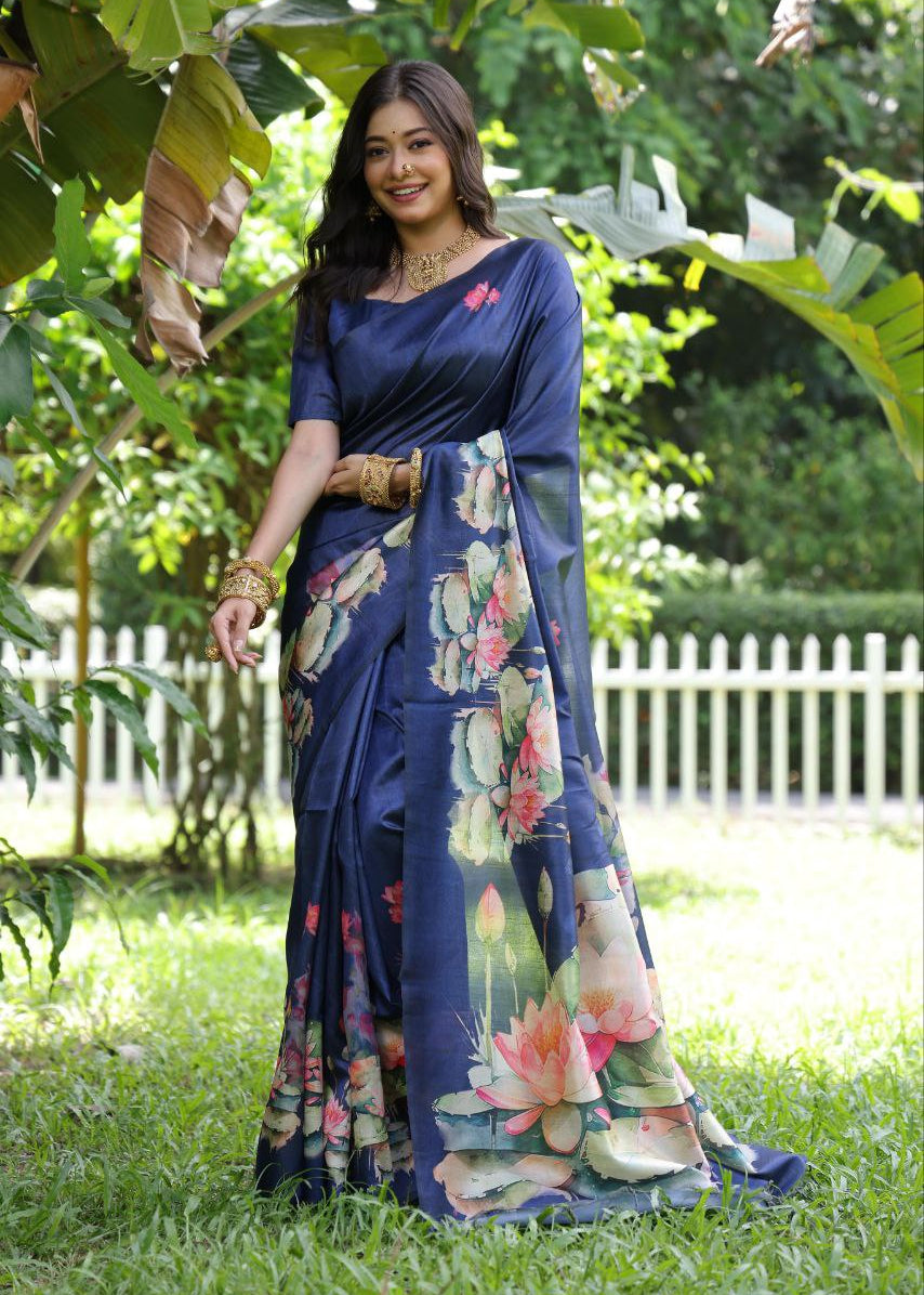 Navy Lotus Printed Soft Tussar Silk Saree