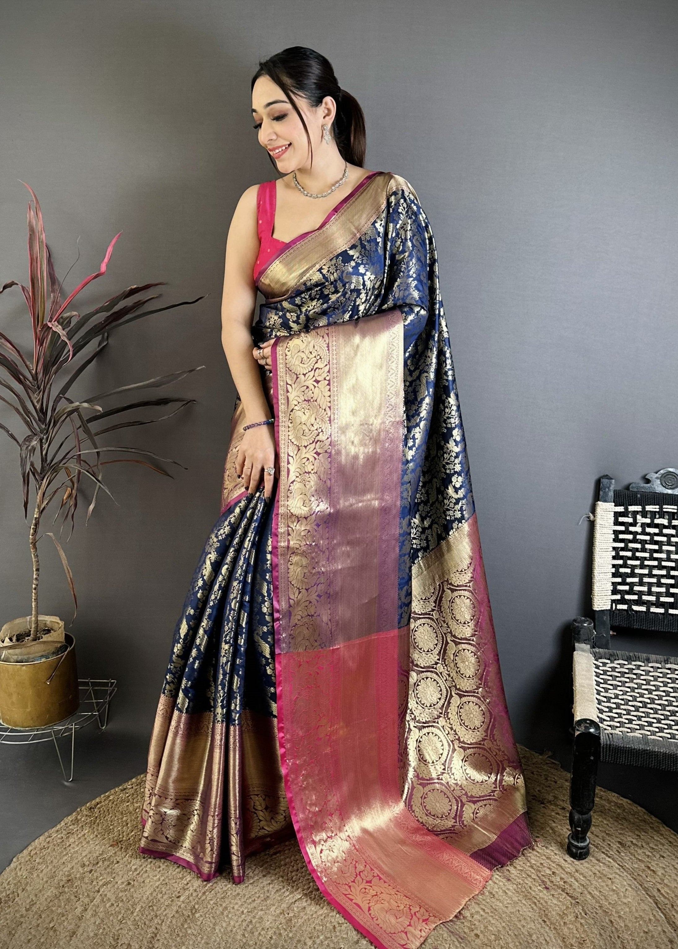 Navy Pure Handloom Kanjivaram Katan Silk Saree