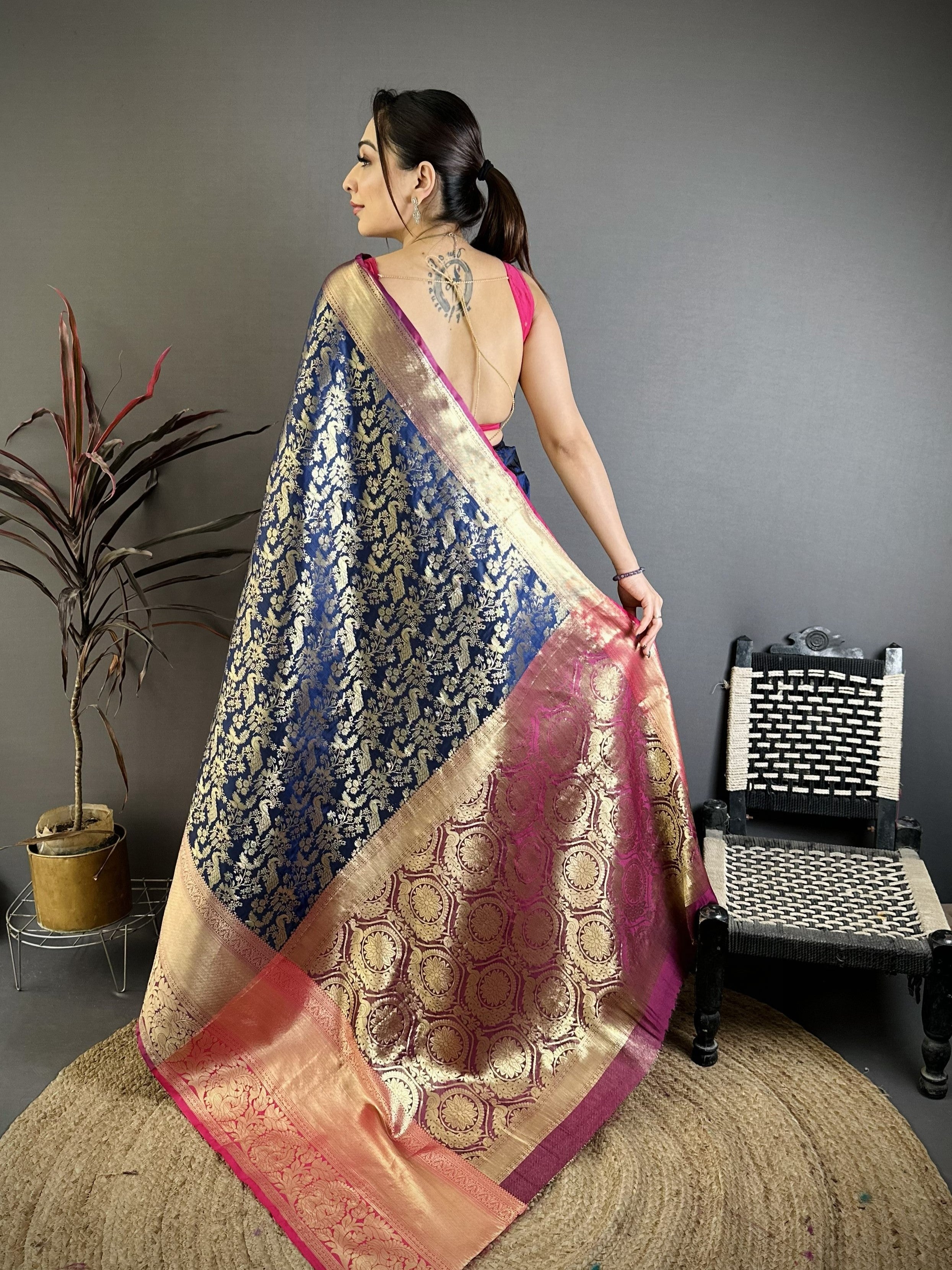 Navy Pure Handloom Kanjivaram Katan Silk Saree