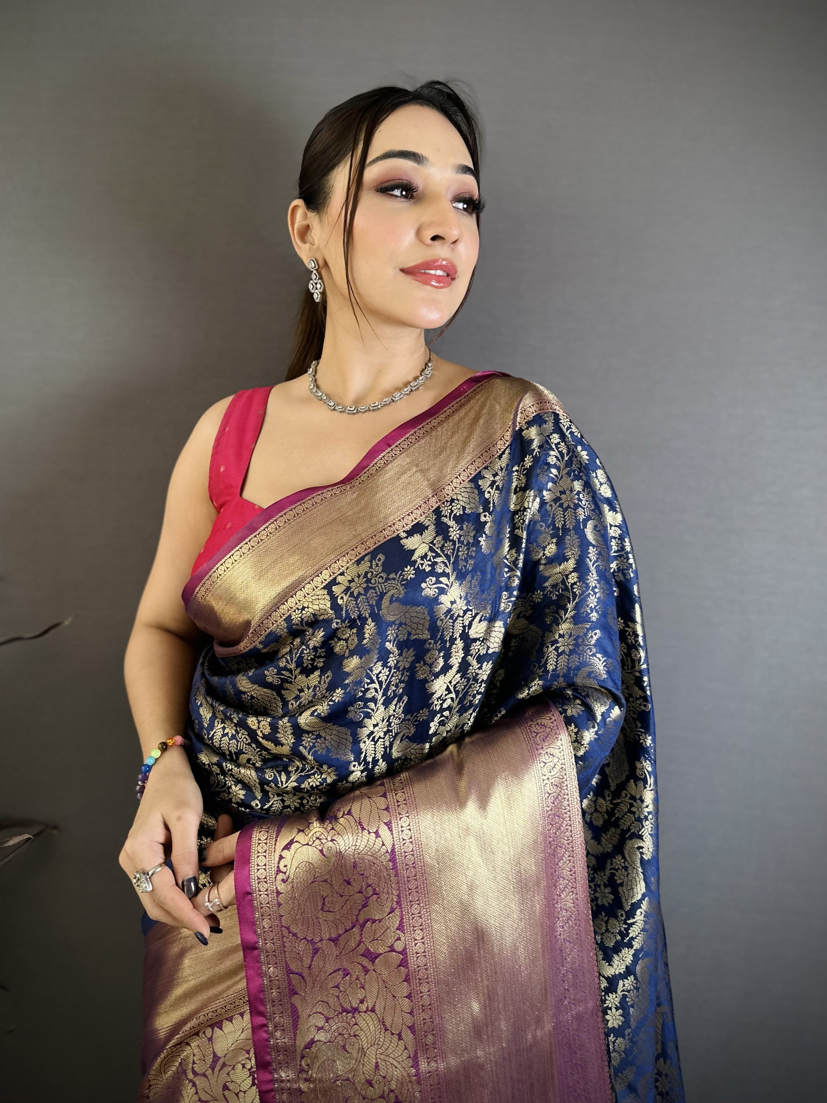 Navy Pure Handloom Kanjivaram Katan Silk Saree