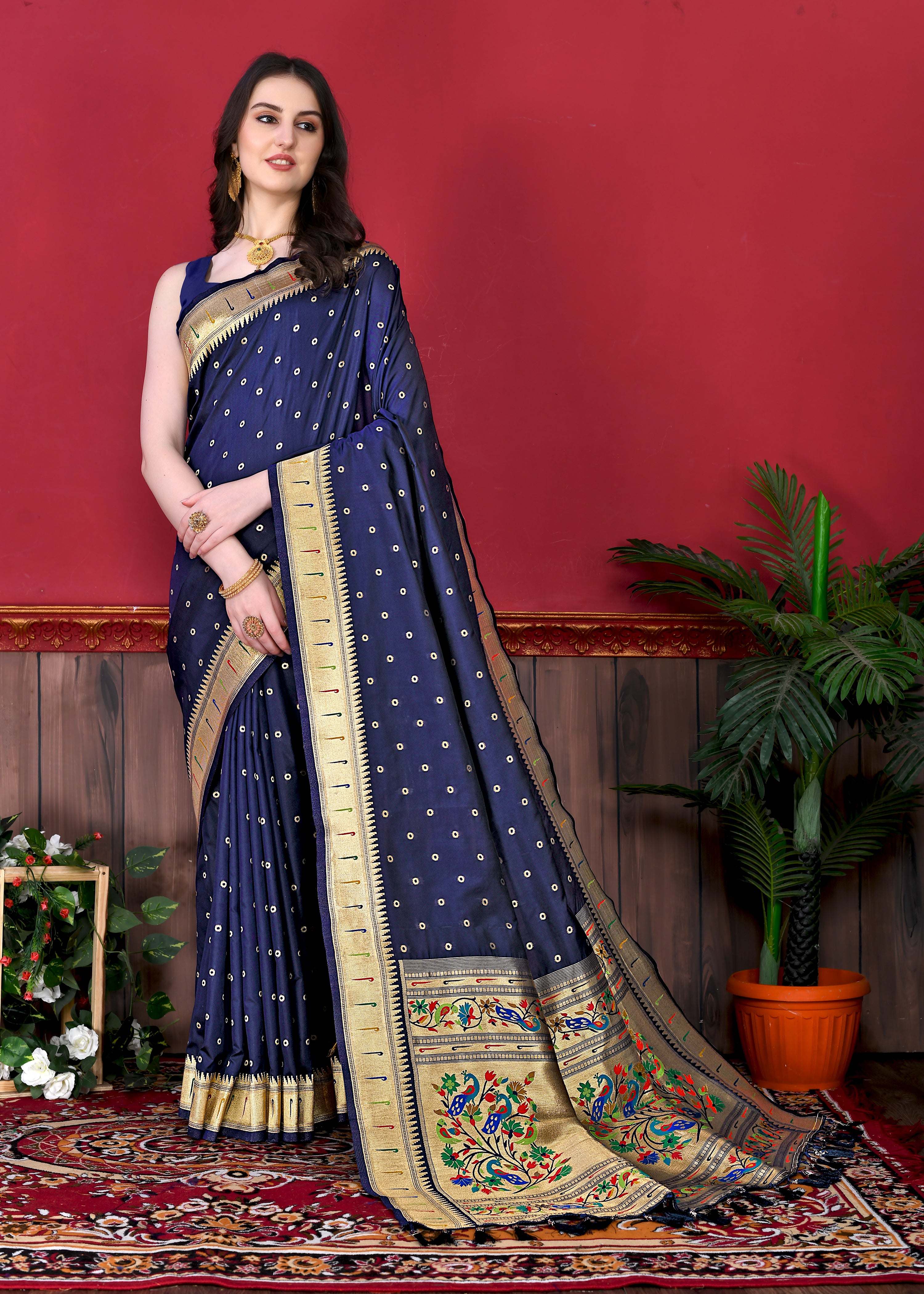 Navy Wedding Wear Soft Paithani Silk Saree