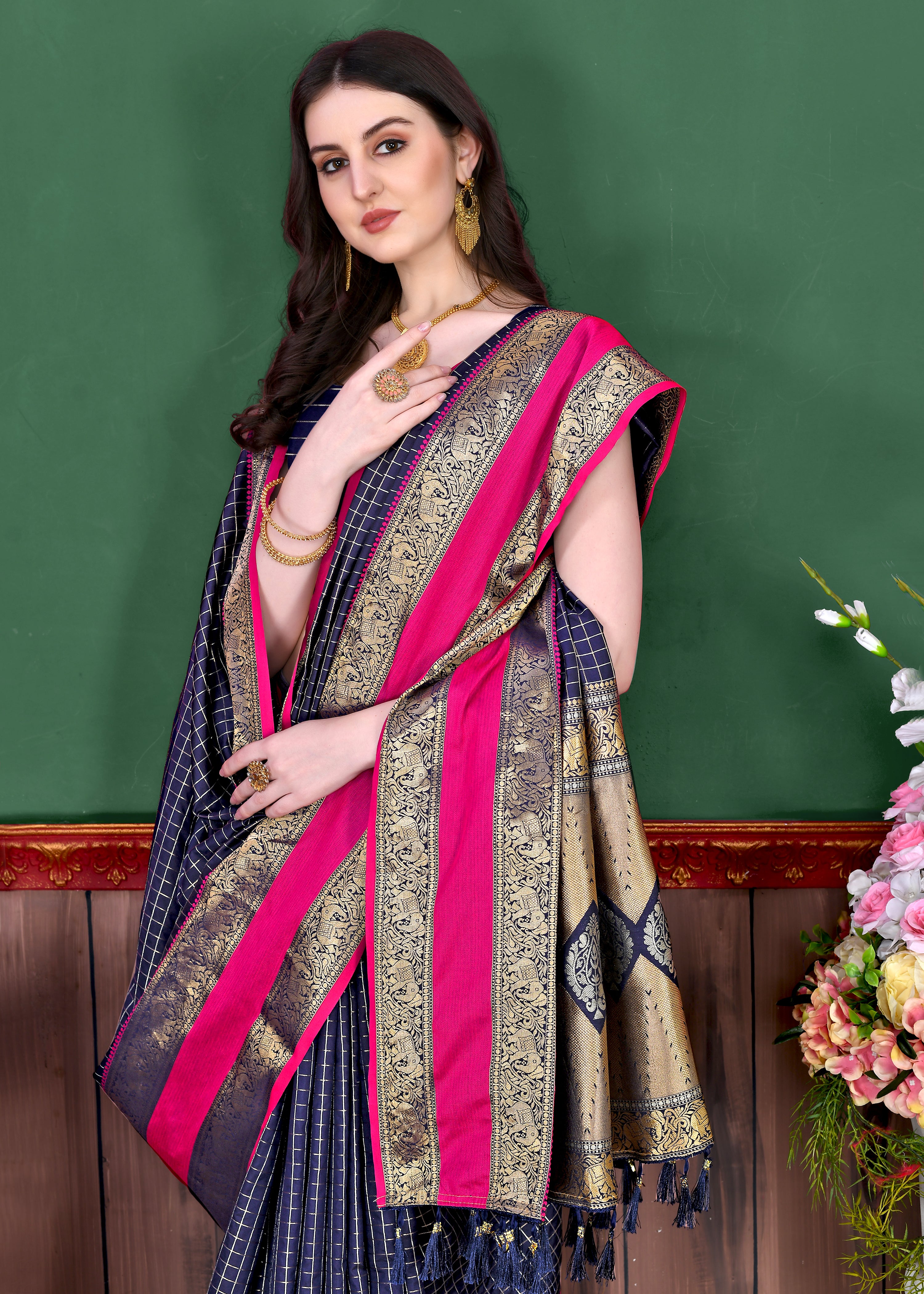 Navy Wedding Wear Soft Silk Saree