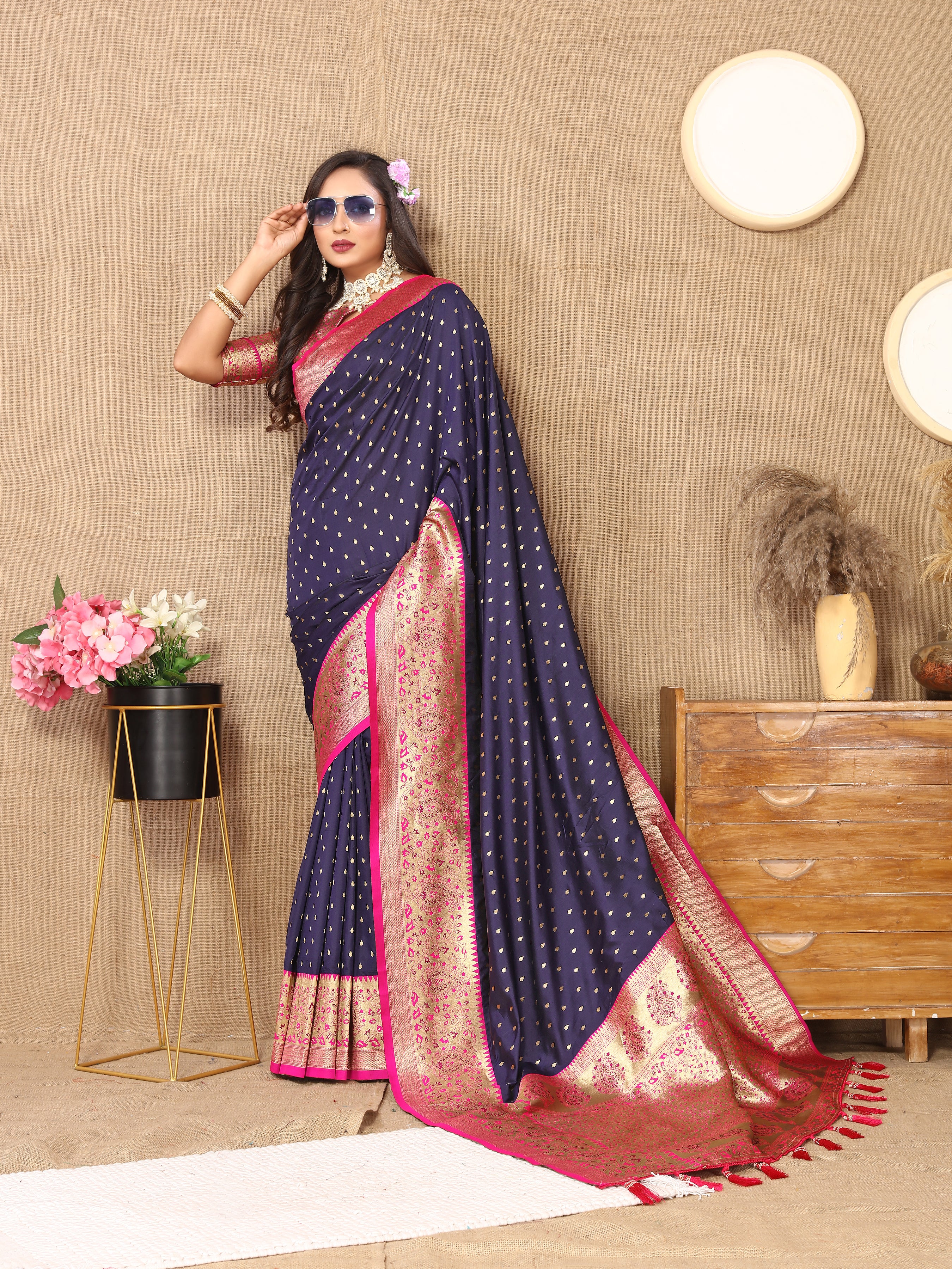 Navy Wedding Wear Soft Silk Saree