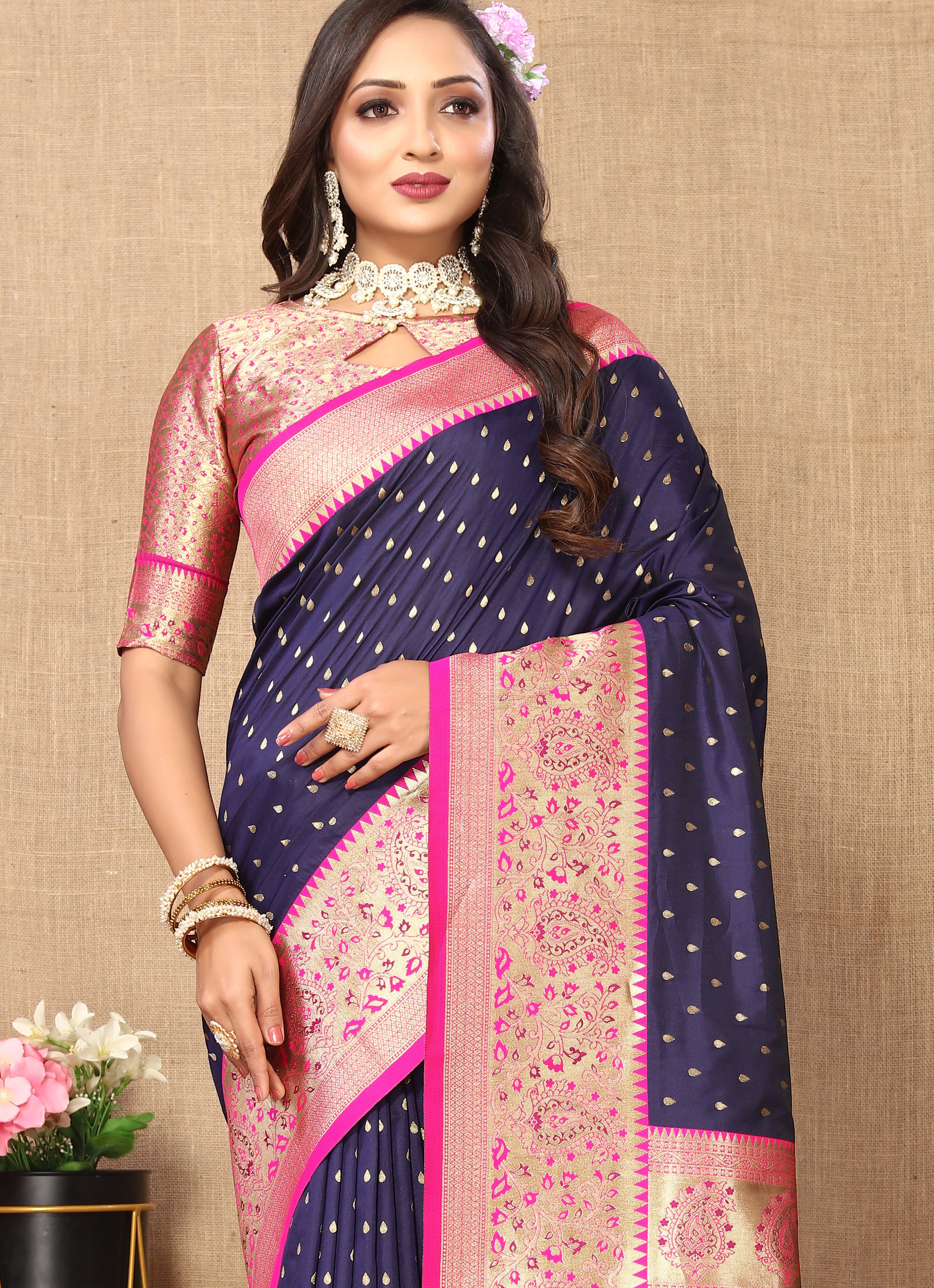 Navy Wedding Wear Soft Silk Saree
