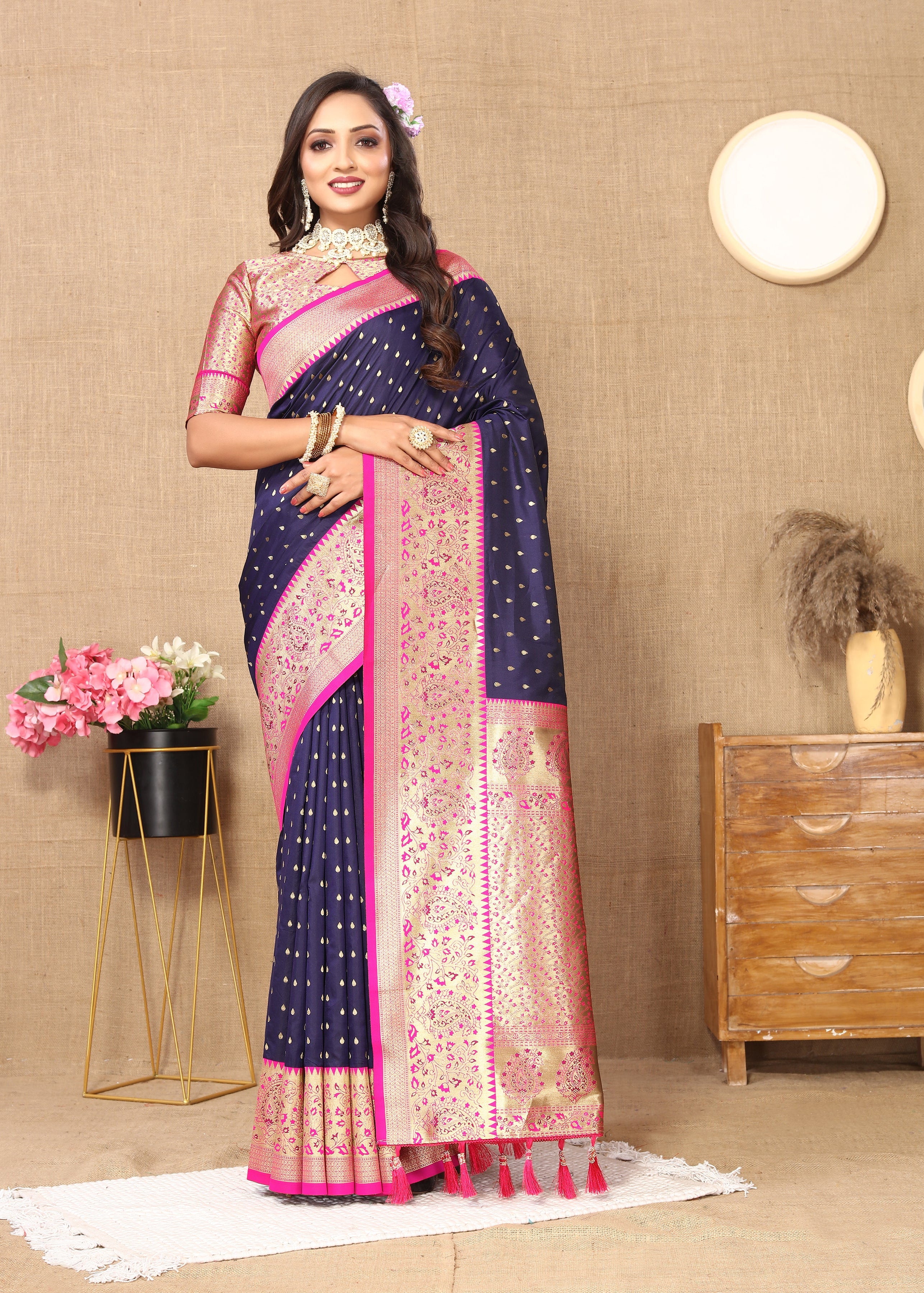 Navy Wedding Wear Soft Silk Saree