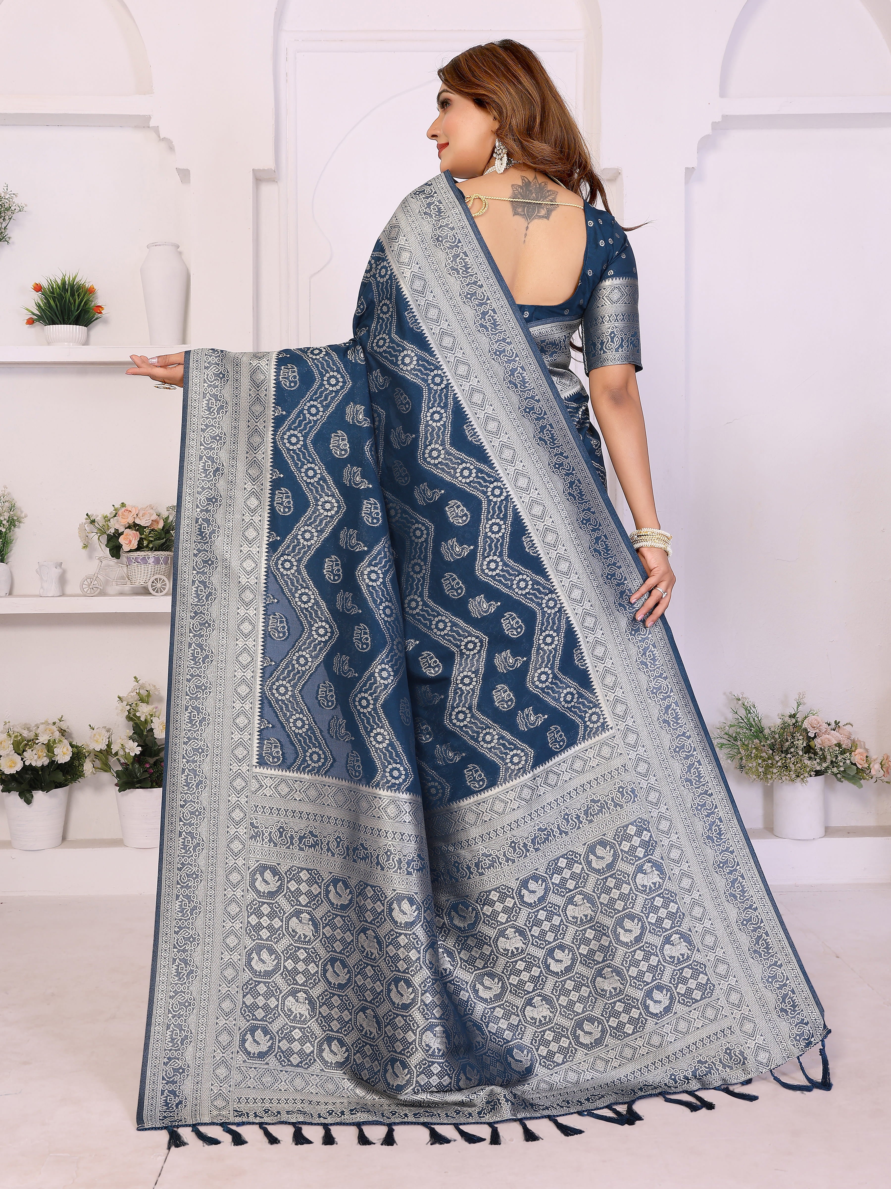 Nile Blue Georgette Silk Leheriya Zari Weaving Saree