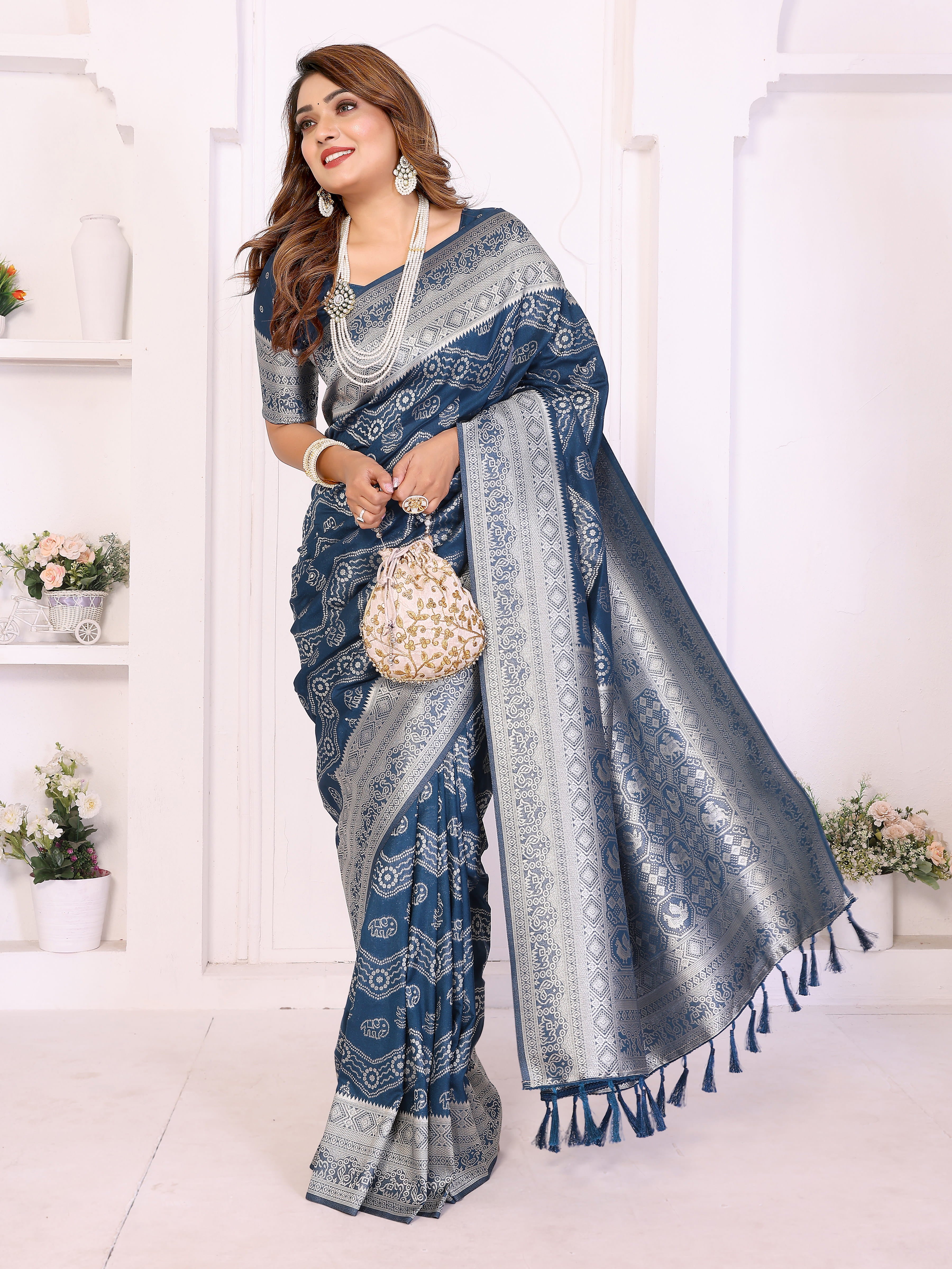 Nile Blue Georgette Silk Leheriya Zari Weaving Saree