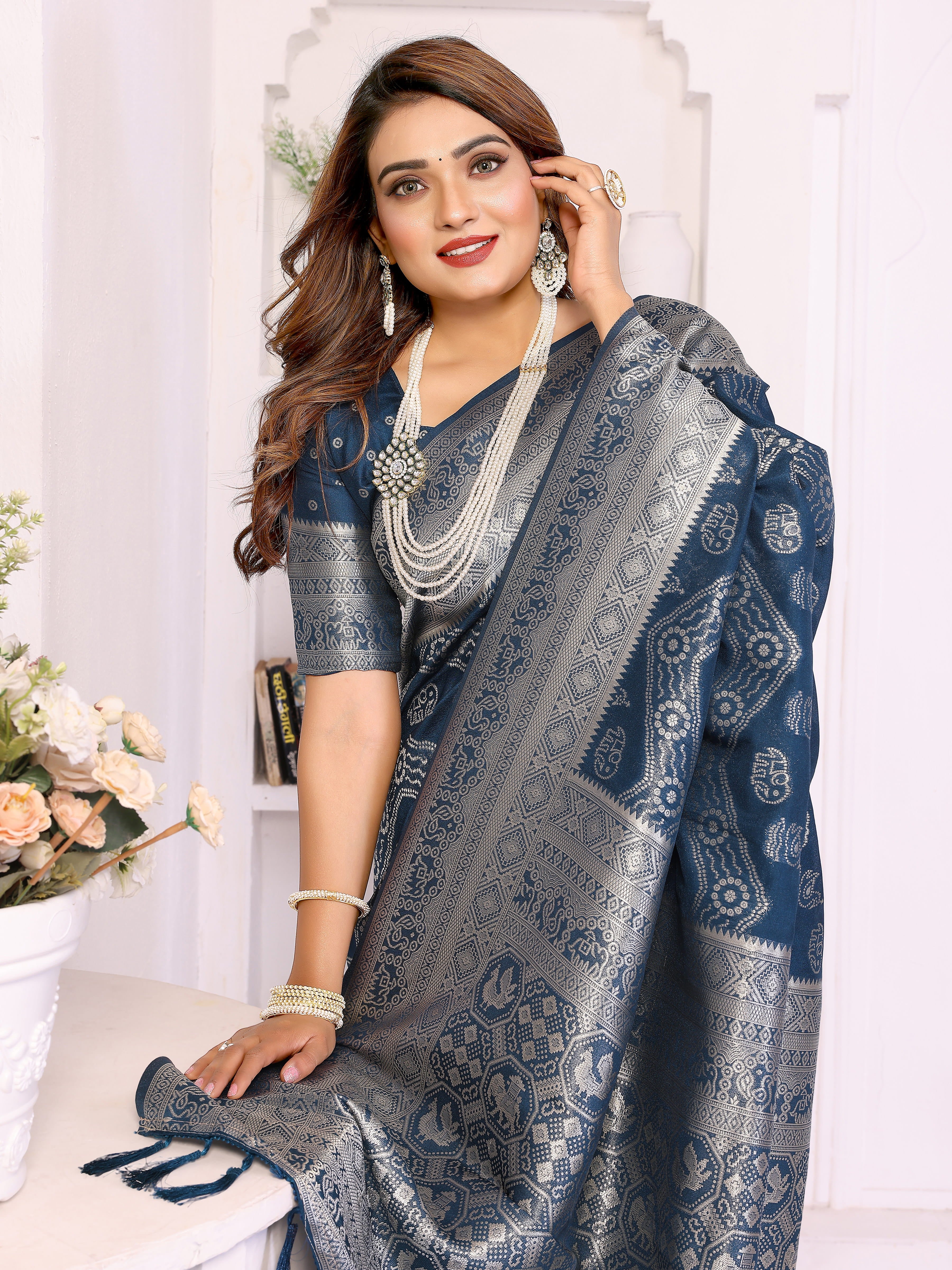Nile Blue Georgette Silk Leheriya Zari Weaving Saree