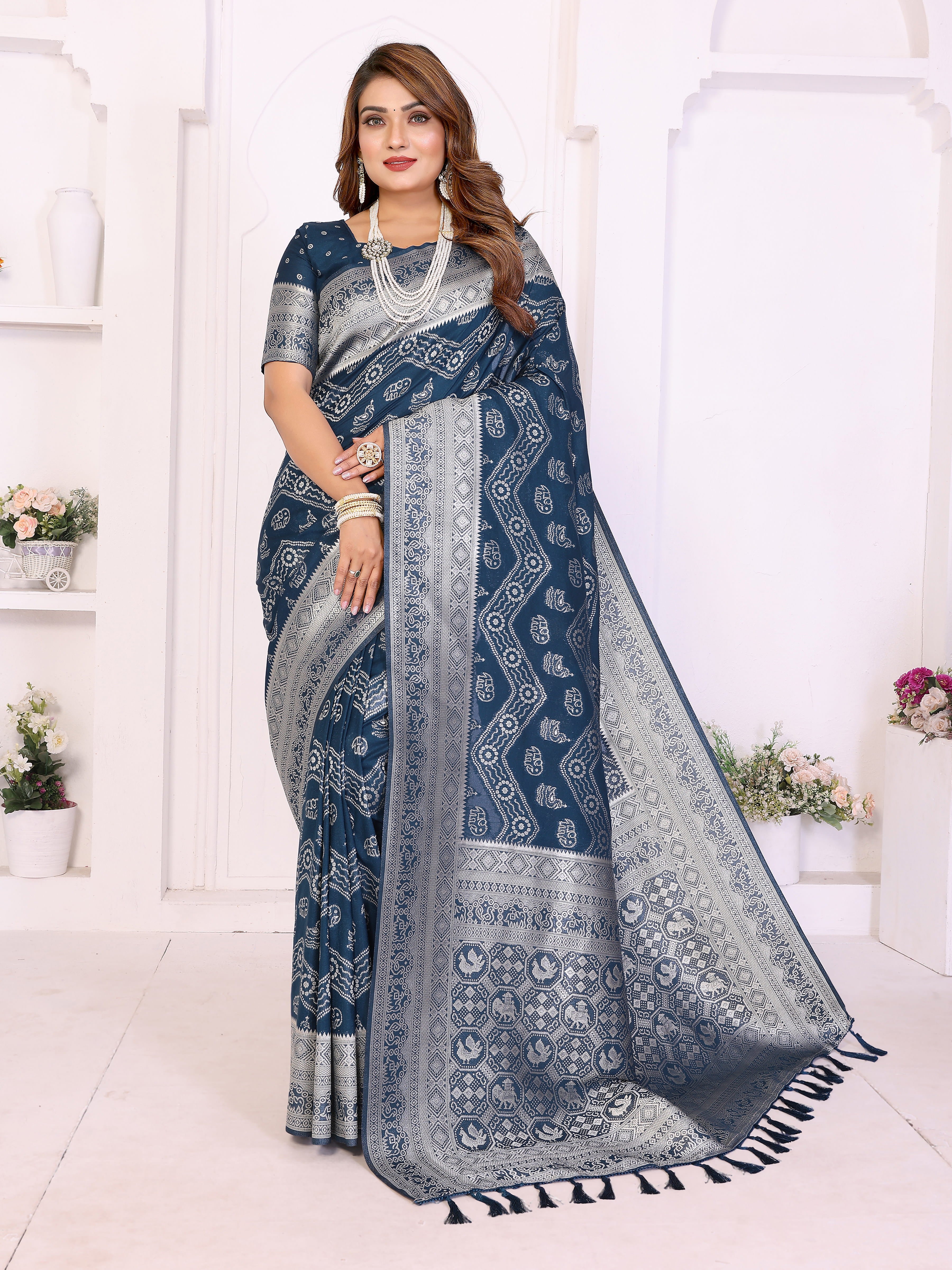Nile Blue Georgette Silk Leheriya Zari Weaving Saree