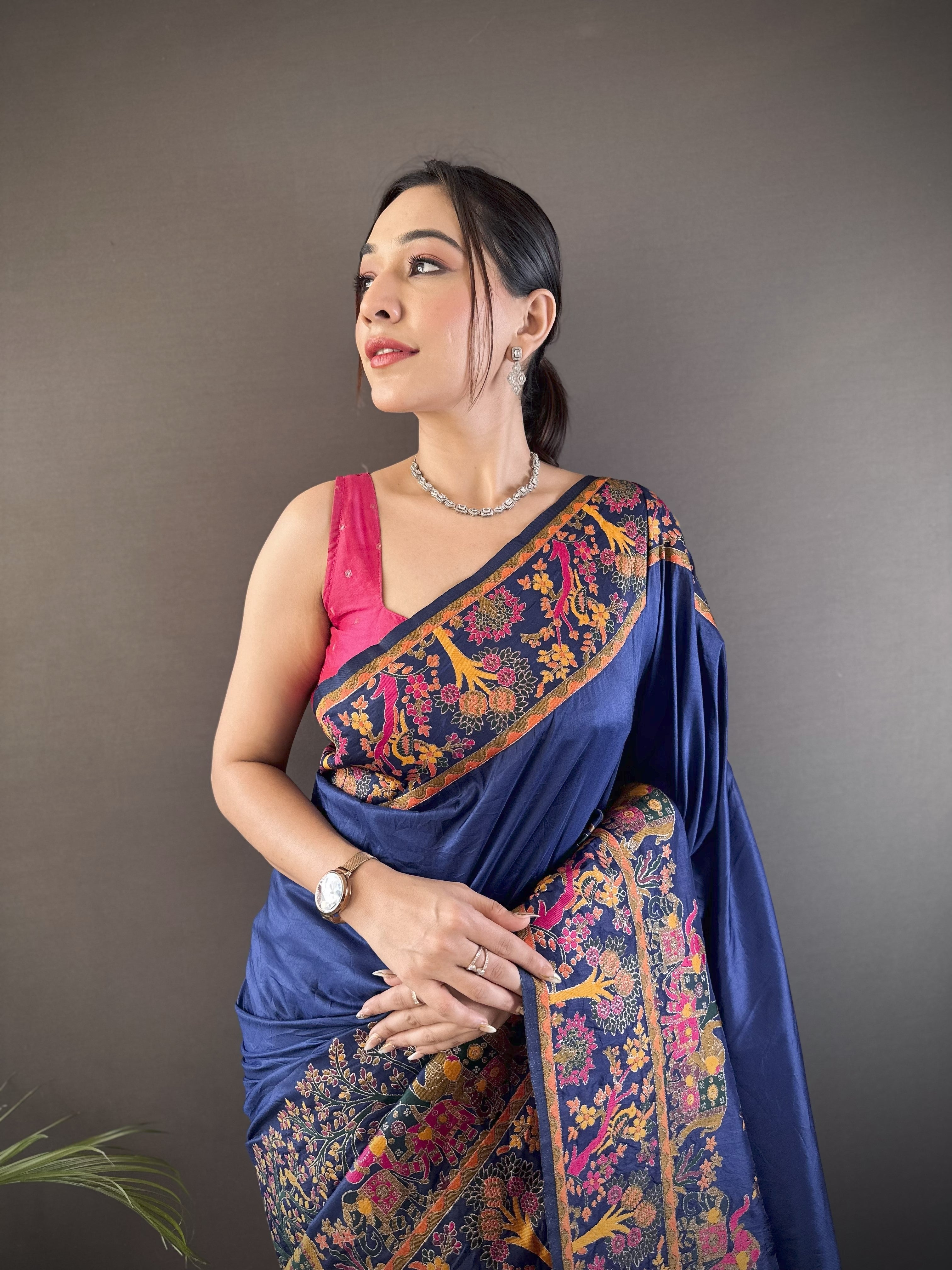 Nile Blue Pashmina Kashmiri Saree